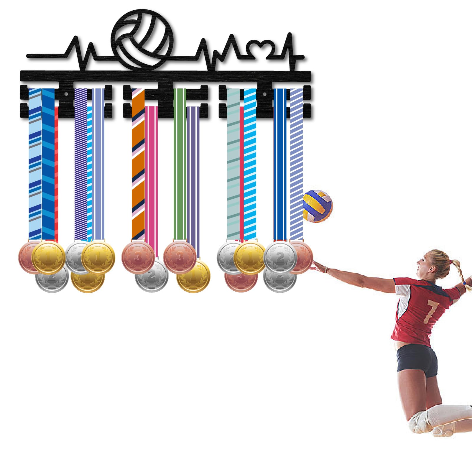 CREATCABIN Porta Medaglie Da Pallavolo In Legno Porta Medaglie Sportive Espositore Porta Medaglie Montato su Rack su 30 Medaglie Premi Supporto per Nastro Stella Trofeo per Atleti Competizione 40x15cm