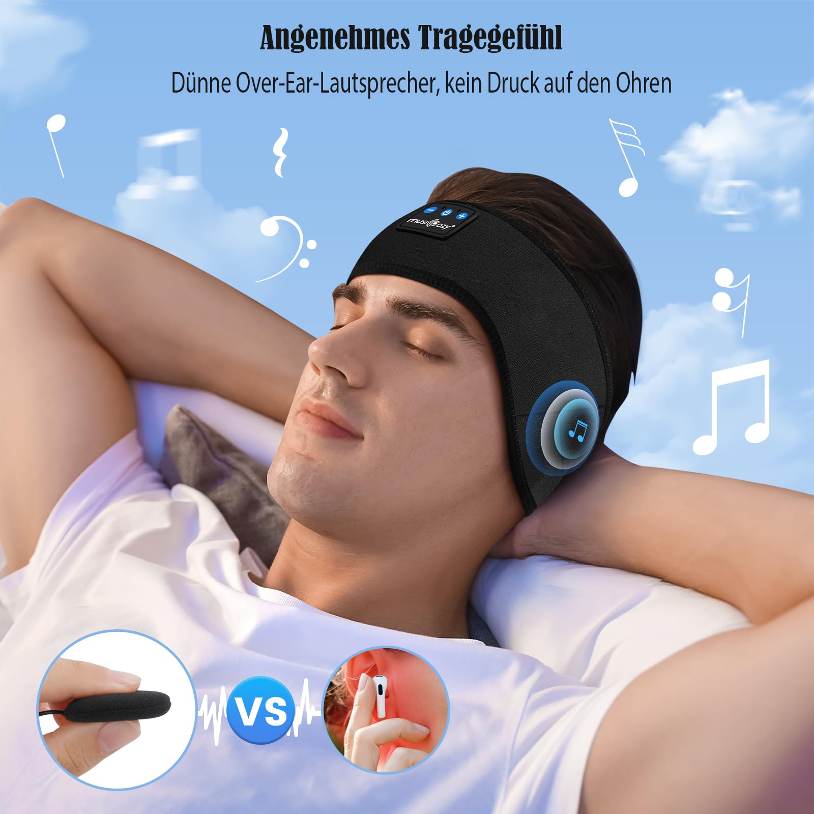 MUSICOZY Schlafkopfhörer Bluetooth, Schlaf Kopfhörer Seitenschläfer Kabellos Sport Kopfhörer Stirnband 16+STD für Yoga/Training/Reisen/Schlaflosigkeit,Tech Gadgets für Männer/Frauen