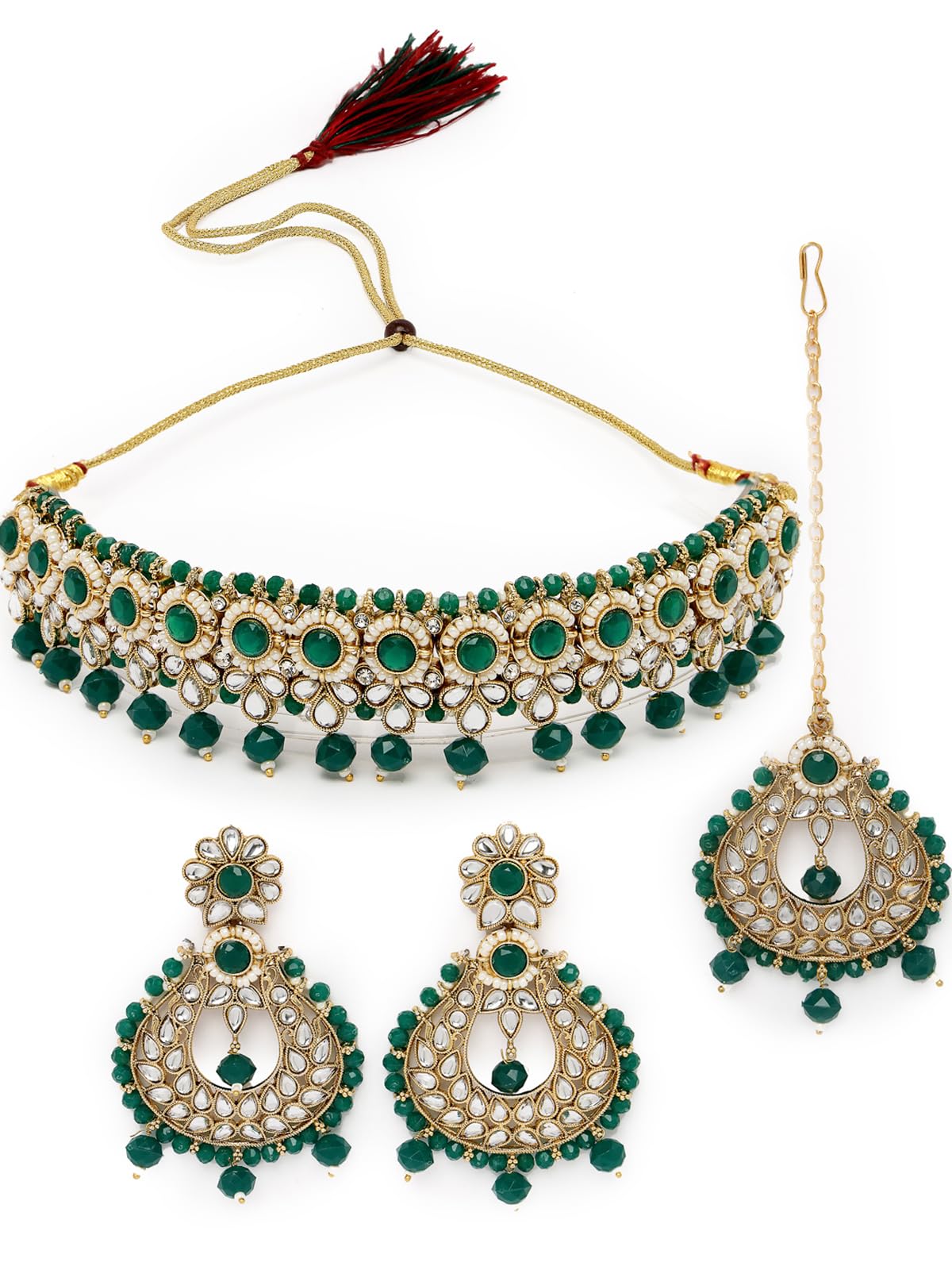 Sukkhi Delightful Round Shaped Gold Plated Green Kundan & Beads Choker Necklace Set With Earring And Maangtika | Jewellery Set For Women (NS105598) (B0CBBCV21L) Amazon Price History, Amazon Price Tracker