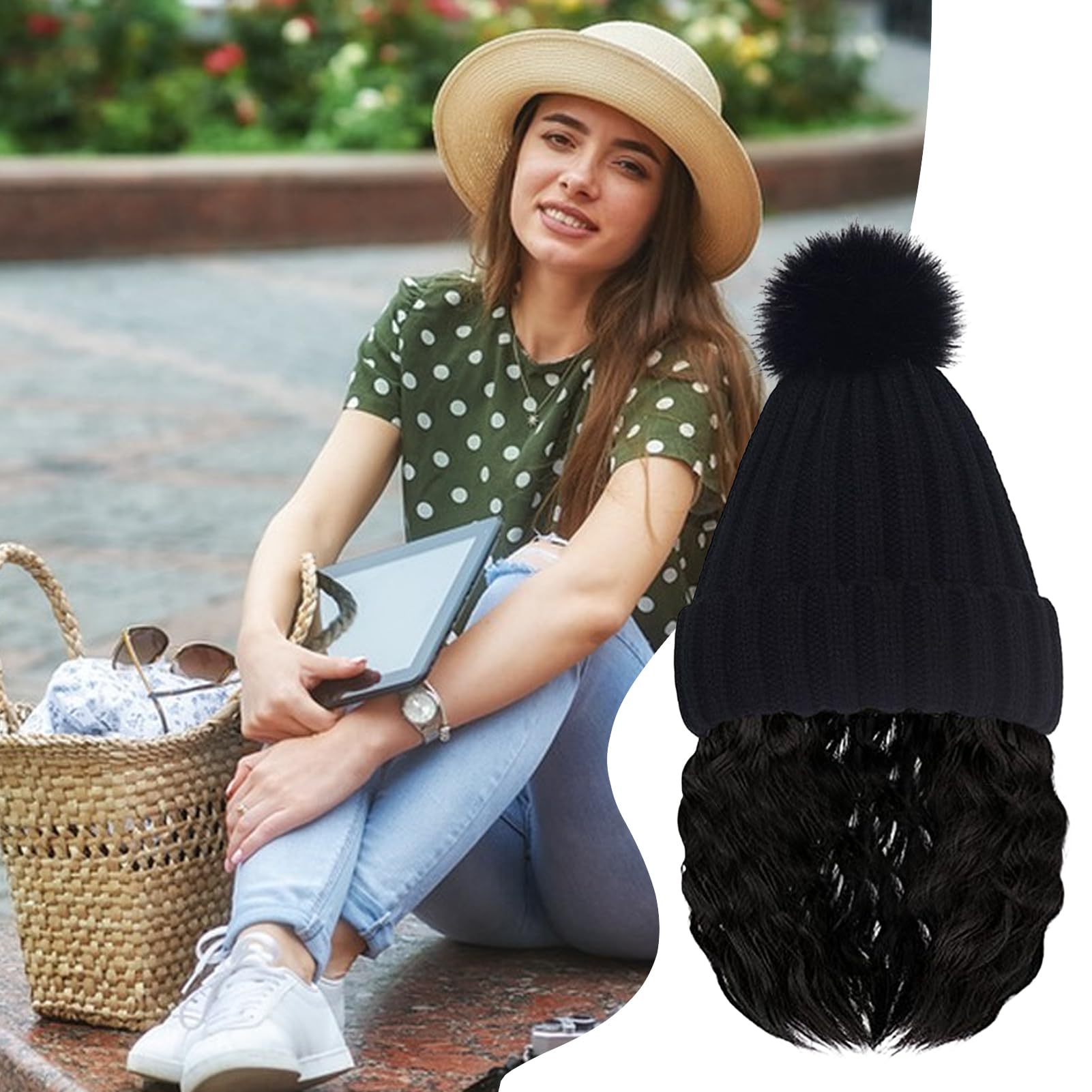 Berretto con capelli legati per donne, cappello lavorato a maglia con parrucca integrata, morbidezza traspirante senza bordi, accessorio invernale per il tempo libero e il viaggio quotidiano