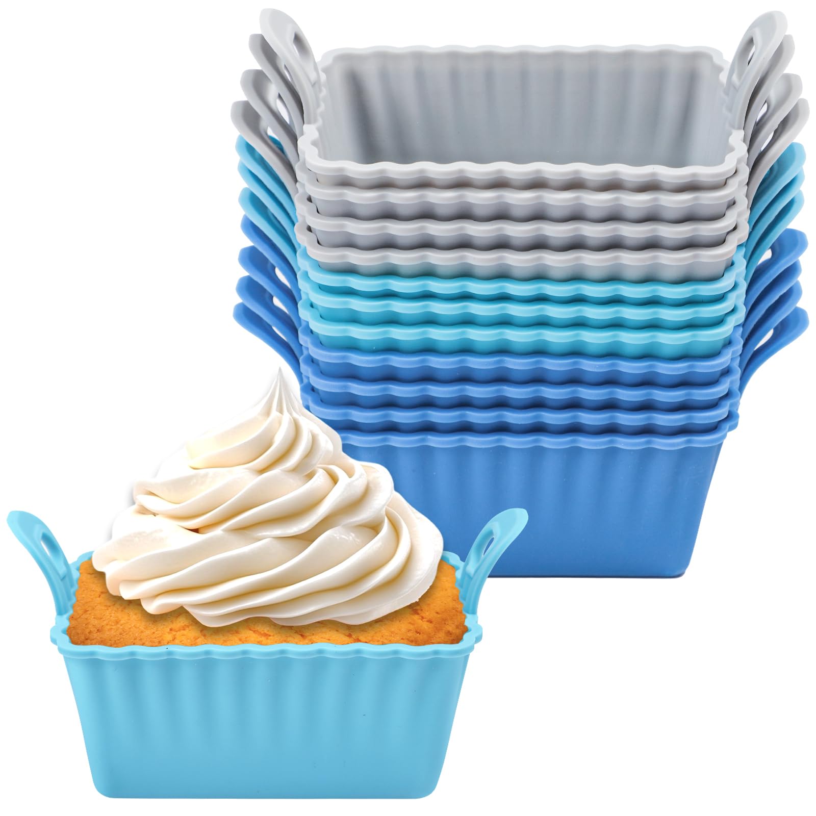 Koluti Nonstick Silicone Muffin Baking Cups Pack of 12, Reusable Cupcake Molds with Double Handle, BPA Free, Mini Rectangle Air Fryer Cupcakes Liner, 3 Colors