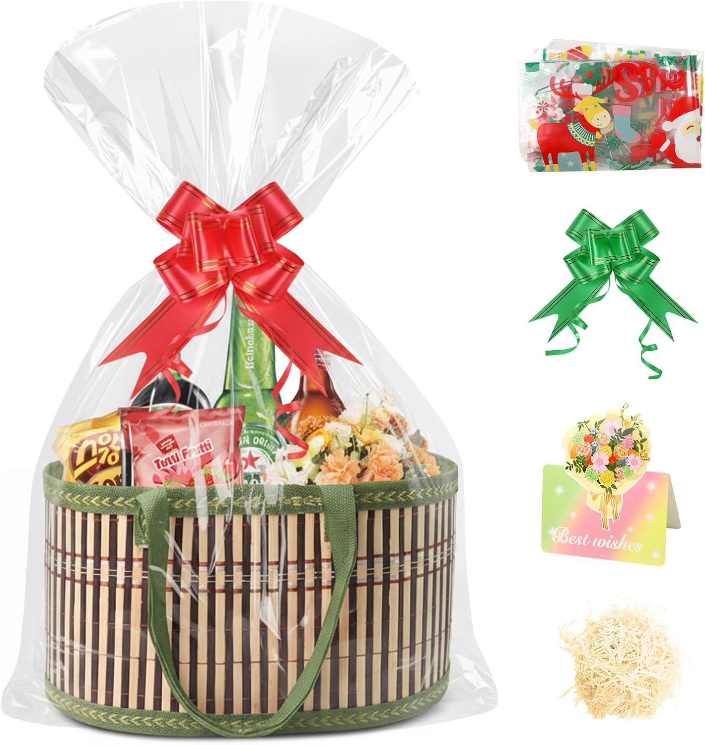 Empty Gift Basket Set for Gifts, Bamboo Basket with 2 Glass Bags, 2 Pull Bows, Greeting Card, Raffia, Label, Gift Basket Box for Christmas, Birthday, Baby Shower, Wedding Gift