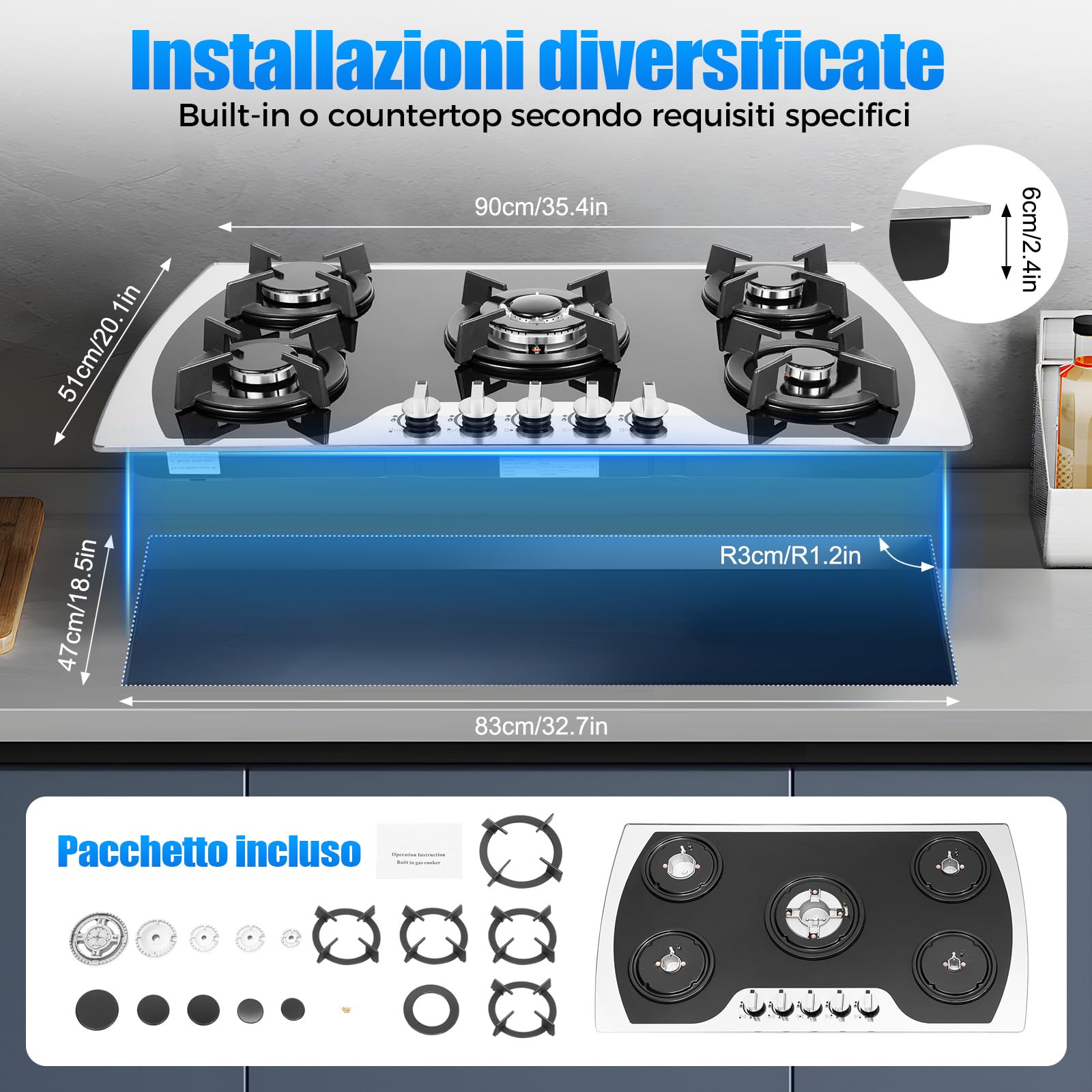 900 x 510 mm, piano cottura a gas a 5 fiamme, da incasso/appoggio, a gas con blocco a bottone, regolazione a 180°, piano cottura a gas LPG/NG, accensione elettrica, sicurezza termocoppia - 3