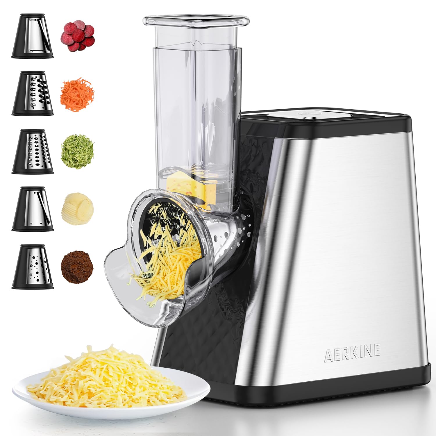 AERKINE Electric Cheese Grater - 5-in-1 Automatic Vegetable Slicer/Shredder with 5 Blades, Electric cheese grater for Block Cheese, Vegetables, Fruits and Salad Making