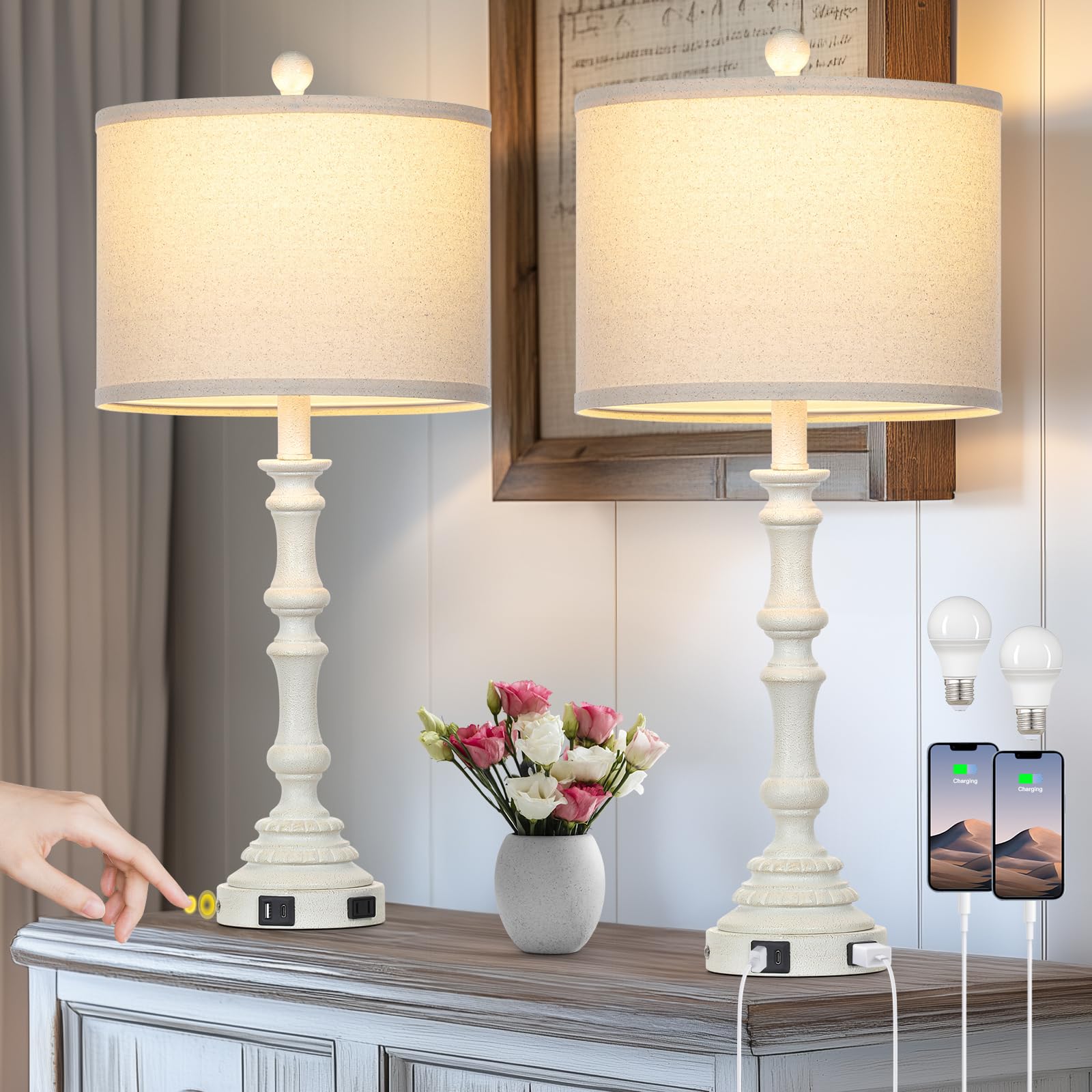 27.5" Tall Table Lamp for Living Room Set of 2, Vintage Farmhouse Table Lamps with USB C+A Ports, 3-Way Dimmable Touch Bedside Lamps, Tradition Bedroom Lamps for Nightstand Side End Table Desk, White