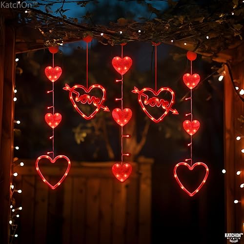 Miniatura 7 de KatchOn, Luces de ventana para el día de San Valentín, paquete de 5, grandes de 31 pulgadas, luces rojas en forma de corazón con ventosa, luces de