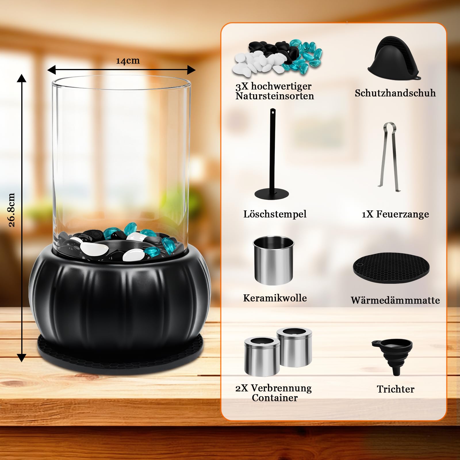 Innenfeuerstelle Schreibtischkamin mit 3 Farben Deko Steinen, Desktop-Kürbis Party-Dekor für Indoor & Outdoor