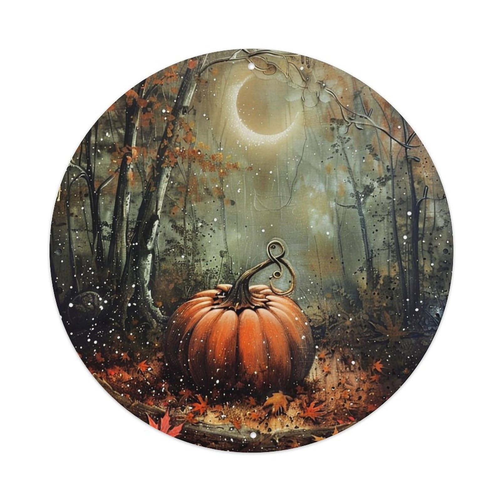 Autumn Forest Pumpkin Moonlight Leaves Metal Tin Sign Plaque
