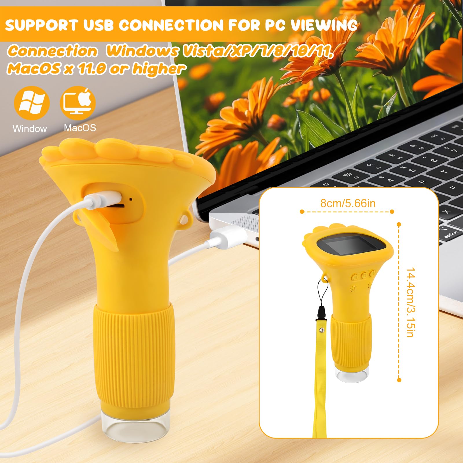 Talifoca Microscopio Portatile per Bambini, 1000x Zoom, Schermo IPS HD da 2 Pollici, LED, USB, Platica, Giallo