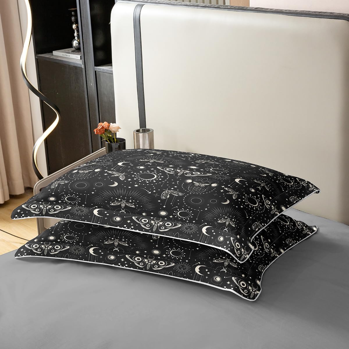 Gothic Style 100% Organic Cotton Comforter Cover (Not Comforter)Moth Sun and Moon Pattern Duvet Cover Set Queen Size for Bedroom Bohemia Galaxy Stars Black Bedding Set with 2 Pillowcases