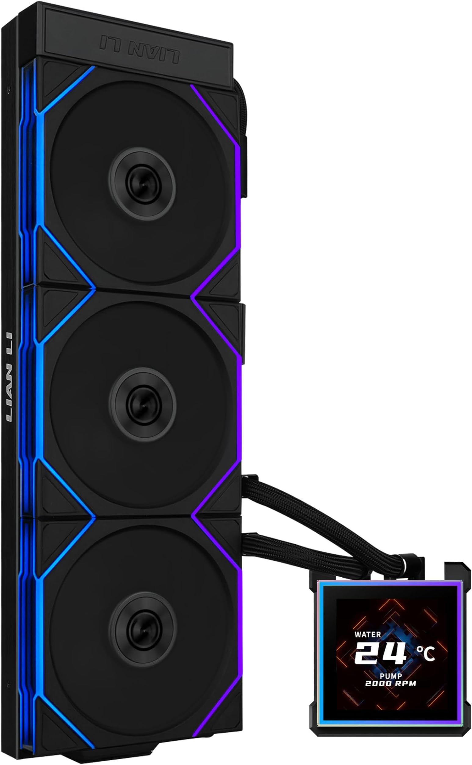 LIANLI HydroShift II LCD-S 360 TL Water Cooling System, Black, Uses UNIFAN TL120 Wireless, 14.2 inches (360 mm) Radiator, Side Mount Design, Equipped with 3.4 inches IPS LCD Display, Magnetic Hot