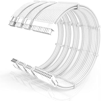 16AWG PSU Cable Extension Kit with Cable Combs,1x24pin ATX/1x8pin4+4 EPS/2x8pin6+2 PCIE Extension Cable,Cable Extension PC Sleeved Cables 30cm Length,Power Supply Extension Cable KitWhite