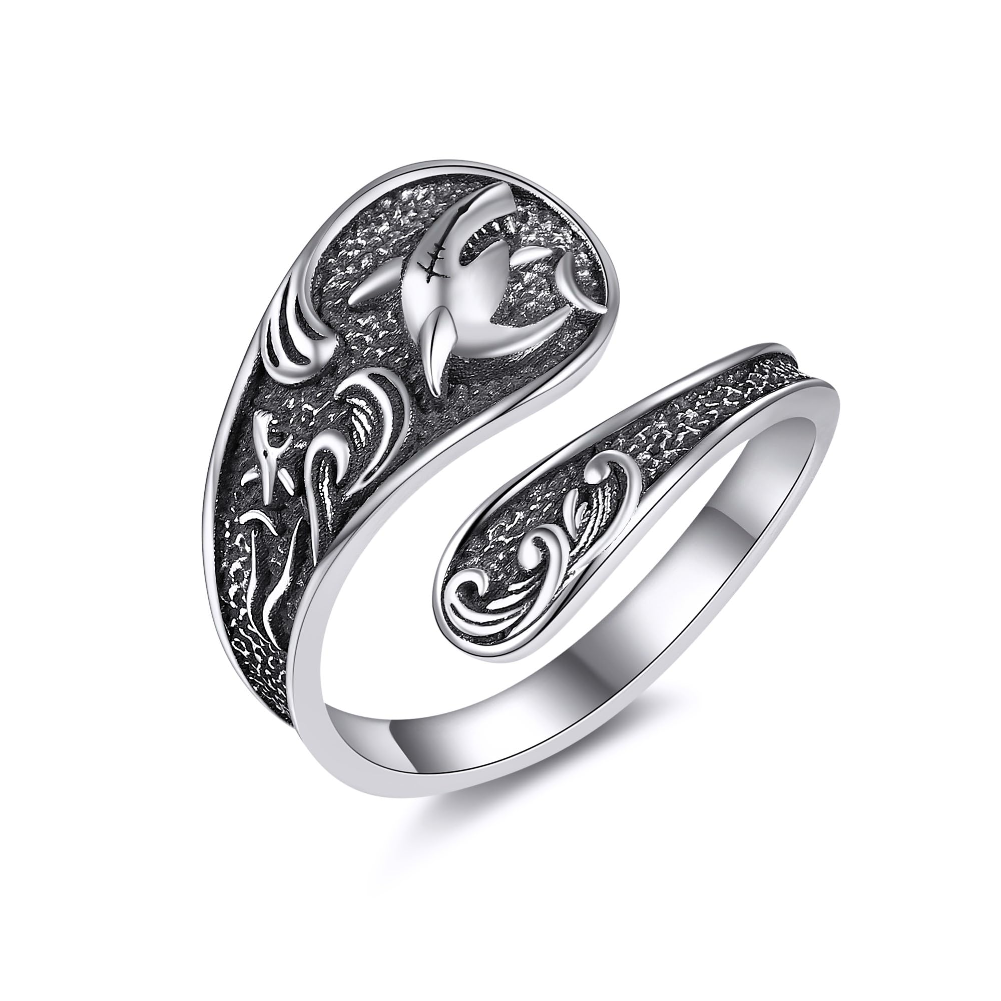 Shark Ring 925 Sterling Silver Adjustable Open Shark Spoon Rings
