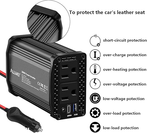 Miniatura 8 de ALLWEI Inversor de coche de 300 W con puerto USB 3.0 USB-C de 65 W - CC 12 V a 110 V (negro y azul)