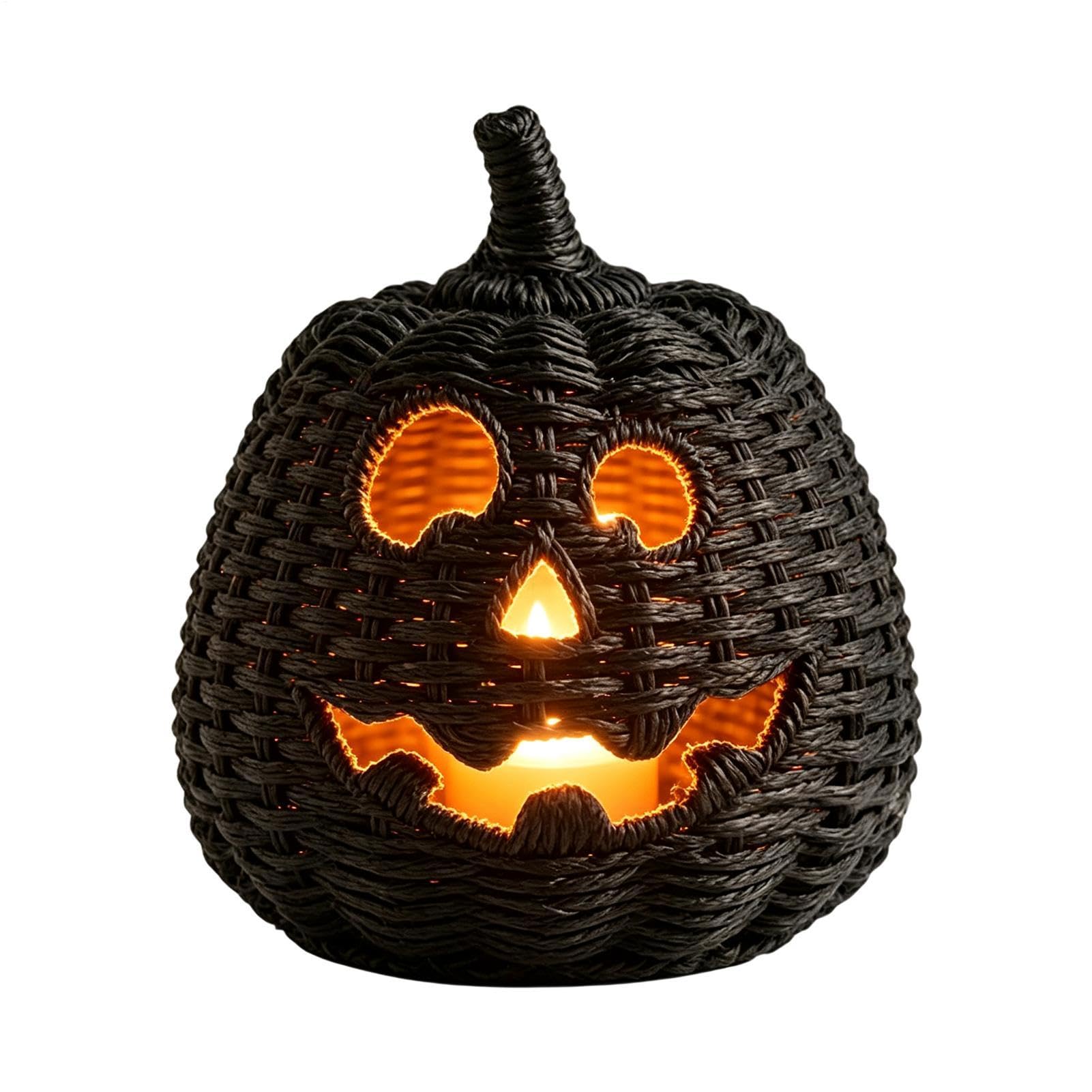 Pleciona dynia Halloween straszna czerń, realistyczna | Halloween kosz z dynią z pokrywką do domu salon stół gzyms kominkowy kominek wejście parapet