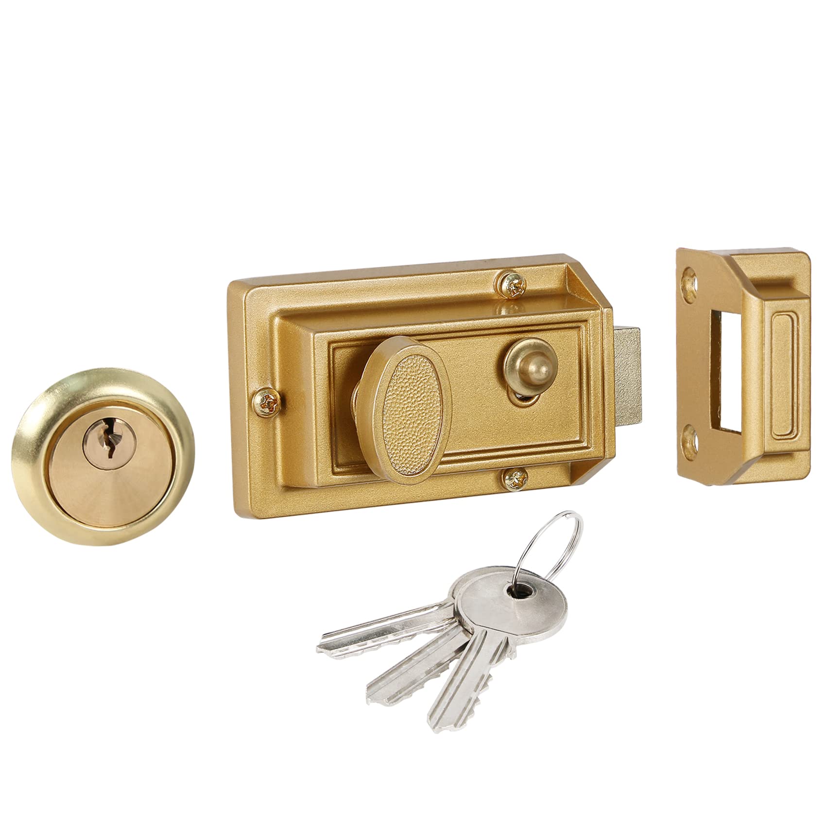Traditional Nightlatch with 3 Copper Keys, Premium Solid Brass Rim Cylinder, 60mm Backset, Suitable for Doors 38 to 57 mm Thick, Gold Nickel Finish, 5-Year Warranty,High Security Front Door Lock