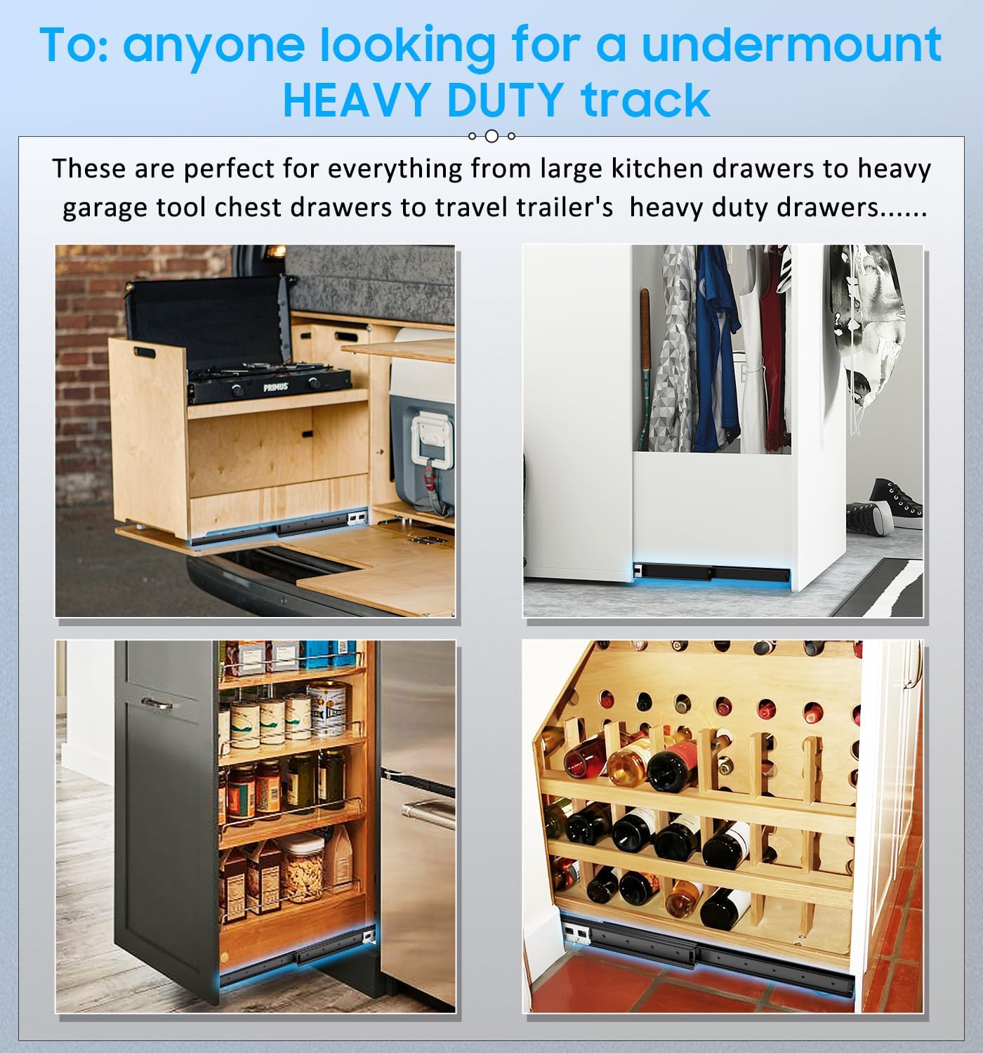 Undermount Heavy Duty Drawer Slides Rail Bottom Mounted Full Extension Hidden Drawer Runners Ball Bearing Glides Staircase Cupboard Cabinet Wardrobe 16 24 32 40 Inch (loads up to 260 lbs)1 Pair