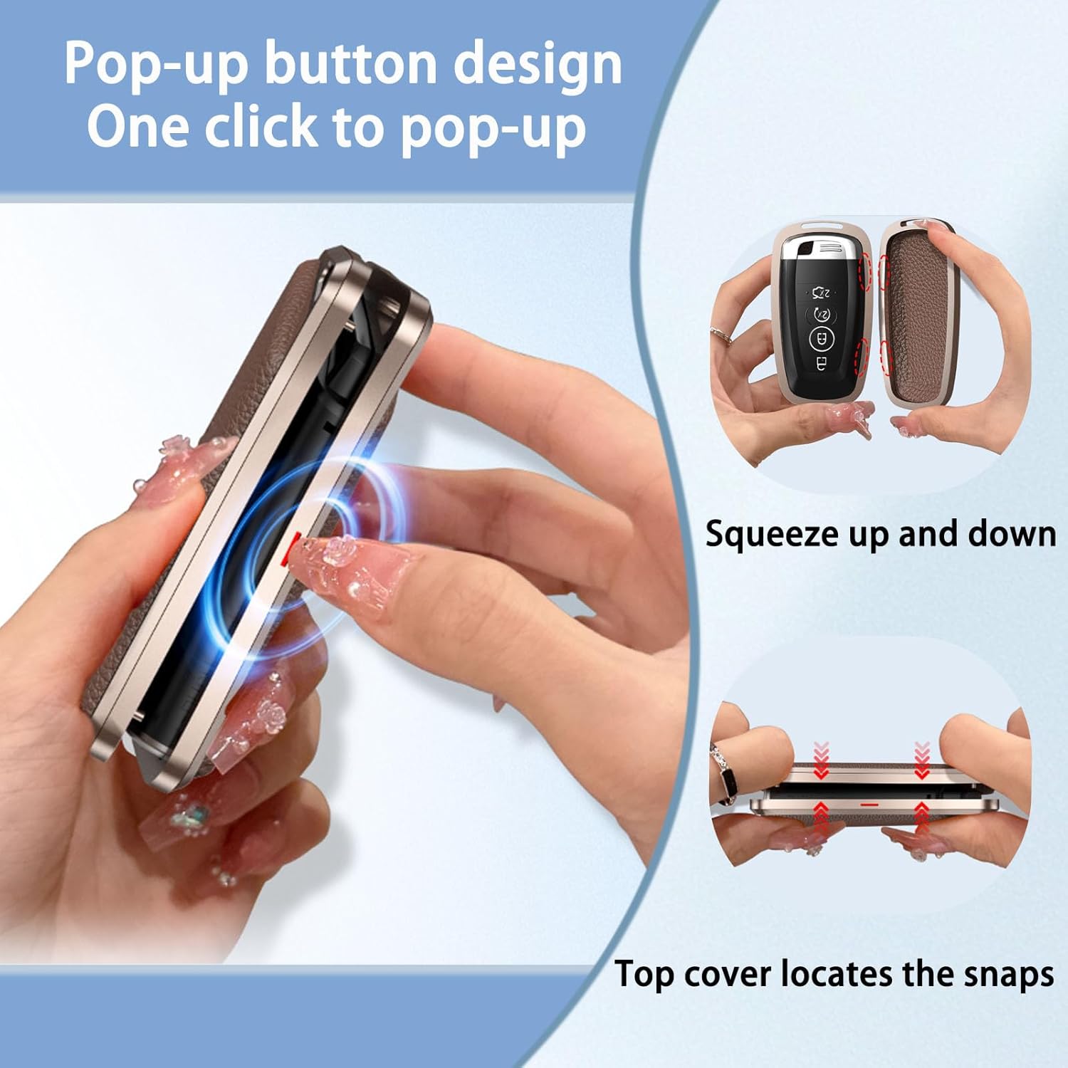 for Ford or Lincoln Key Fob Cover, Aluminum Full Protection Case with Keychain Durable Anti-Scratch Leather Shell Compatible with F-150 F-250 Mustang Explorer Escape Fusion Edge Expedition (A Brown)