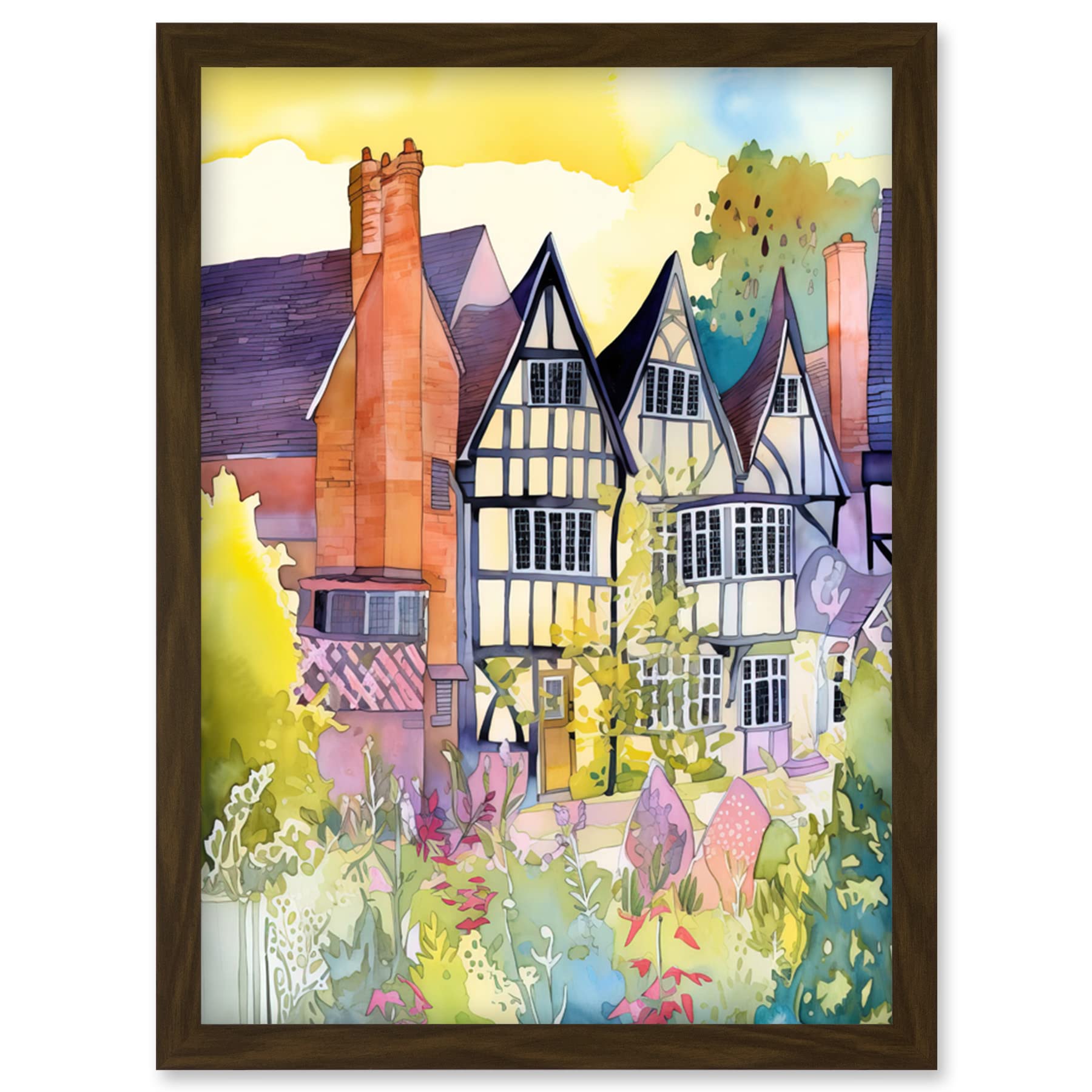 Artery8 Sunrise Over Tudor Houses and Spring Blossoms Modern Watercolour Painting Artwork Framed Wall Art Print A4
