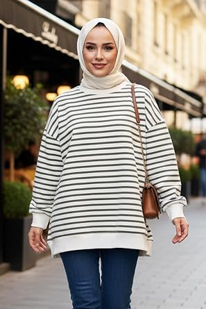 Kad n Bisiklet Yaka  izgili Basic Uzun Kol Sweatshirt, Haki Ye il