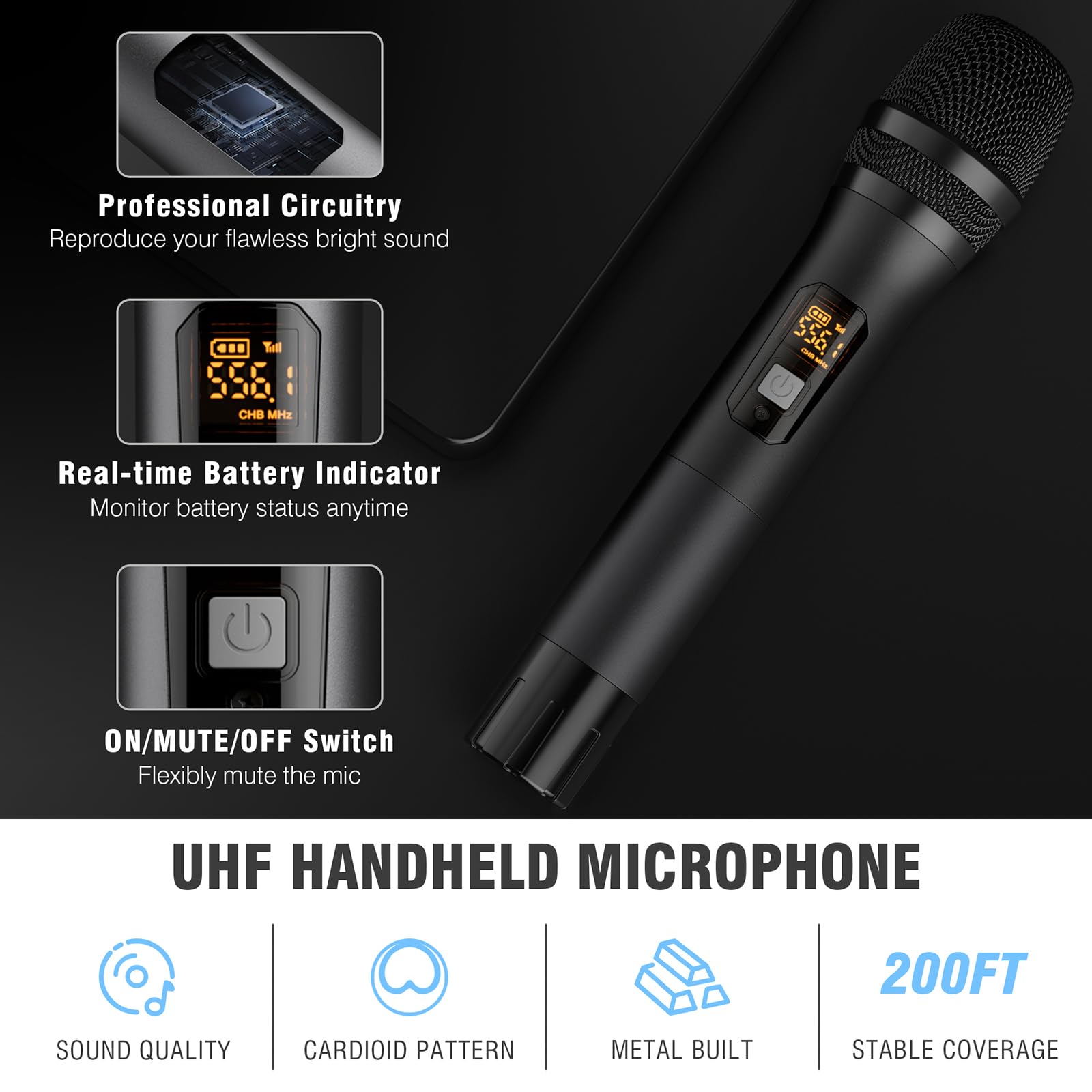 Kabelloses Mikrofon, Funkmikrofon Set, Wireless Karaoke Mikrofon – 2 Handmikrofone mit Empfänger, 2×8 UHF Frequenzen, 60 m Reichweite, für Hochzeit, Party, Kirche, Vortrag, Konferenz, DJ, Heim-KTV