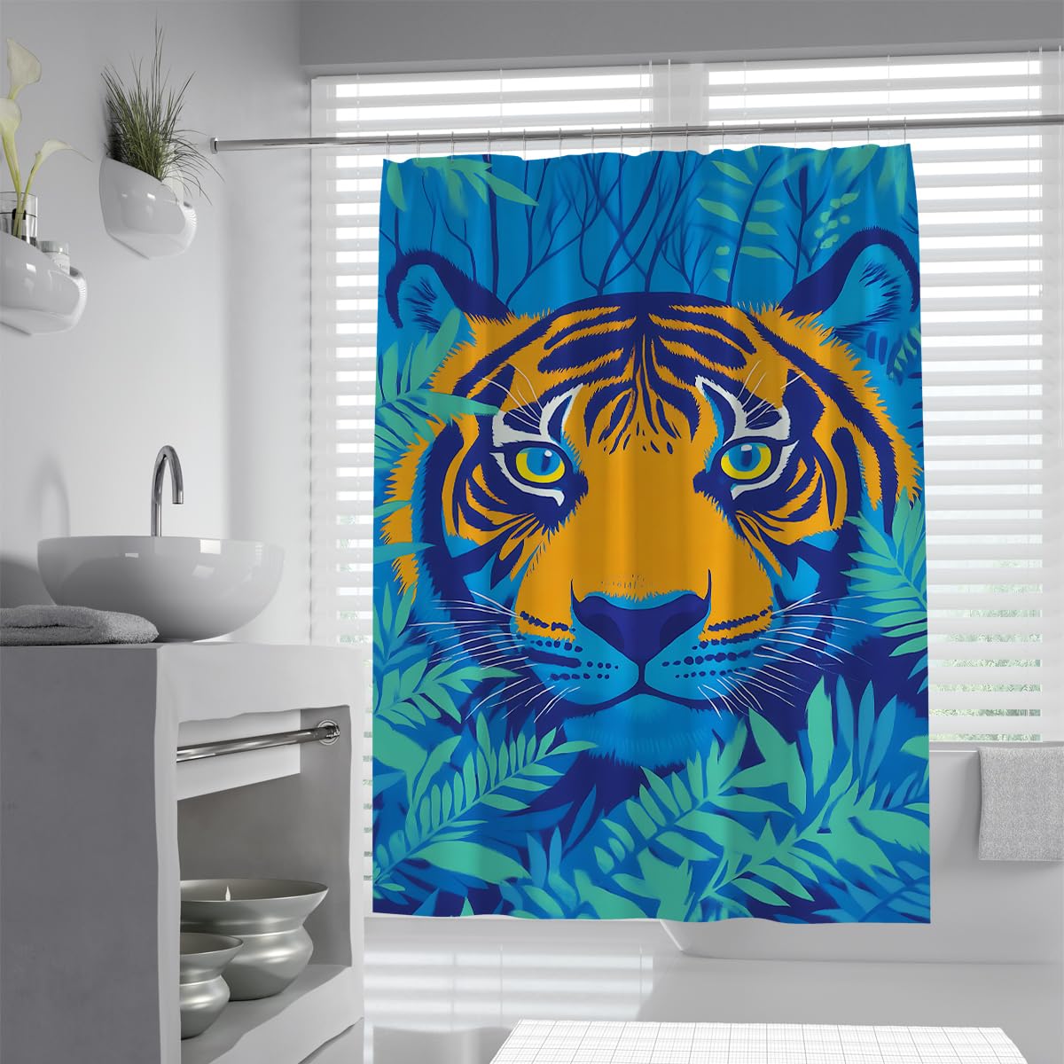 UIRINGART Tiger Jungle Bathroom Curtain W90xL180cm Wild Animal Tropical Leaves Water Repellent Bath Curtains Mildew Resistant With Hooks