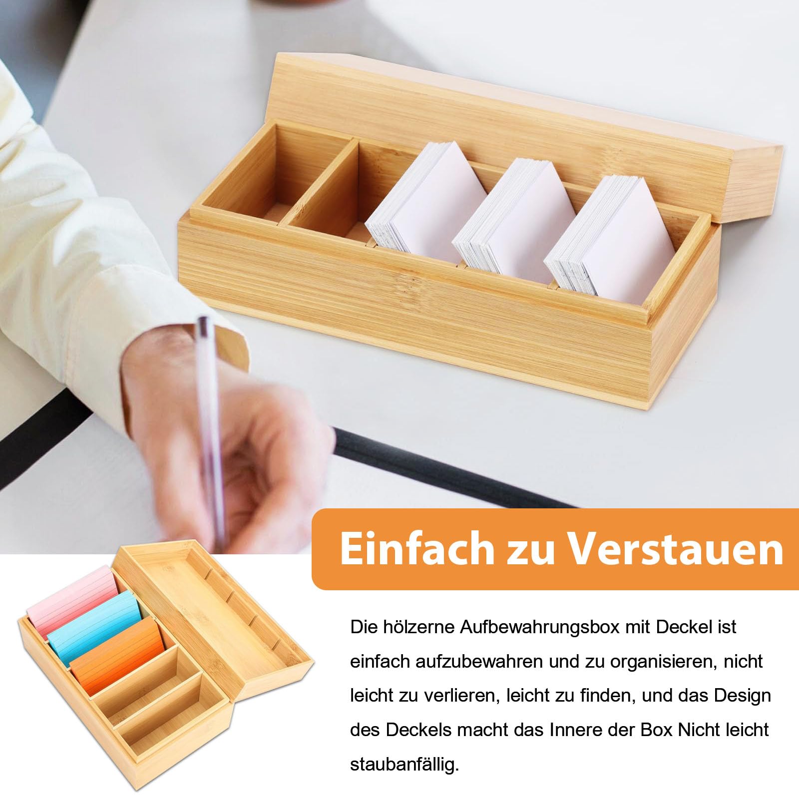 A7 Karteikarten Box Holz, 22x12,6x9cm Holzkarten Vokabelbox mit Deckel, Holzbox Card Storage Box mit 4 Herausnehmbar Trennwänden und 400 Stück Haftnotizen, Lernkarteibox Holz(Inklusive Index Cards)
