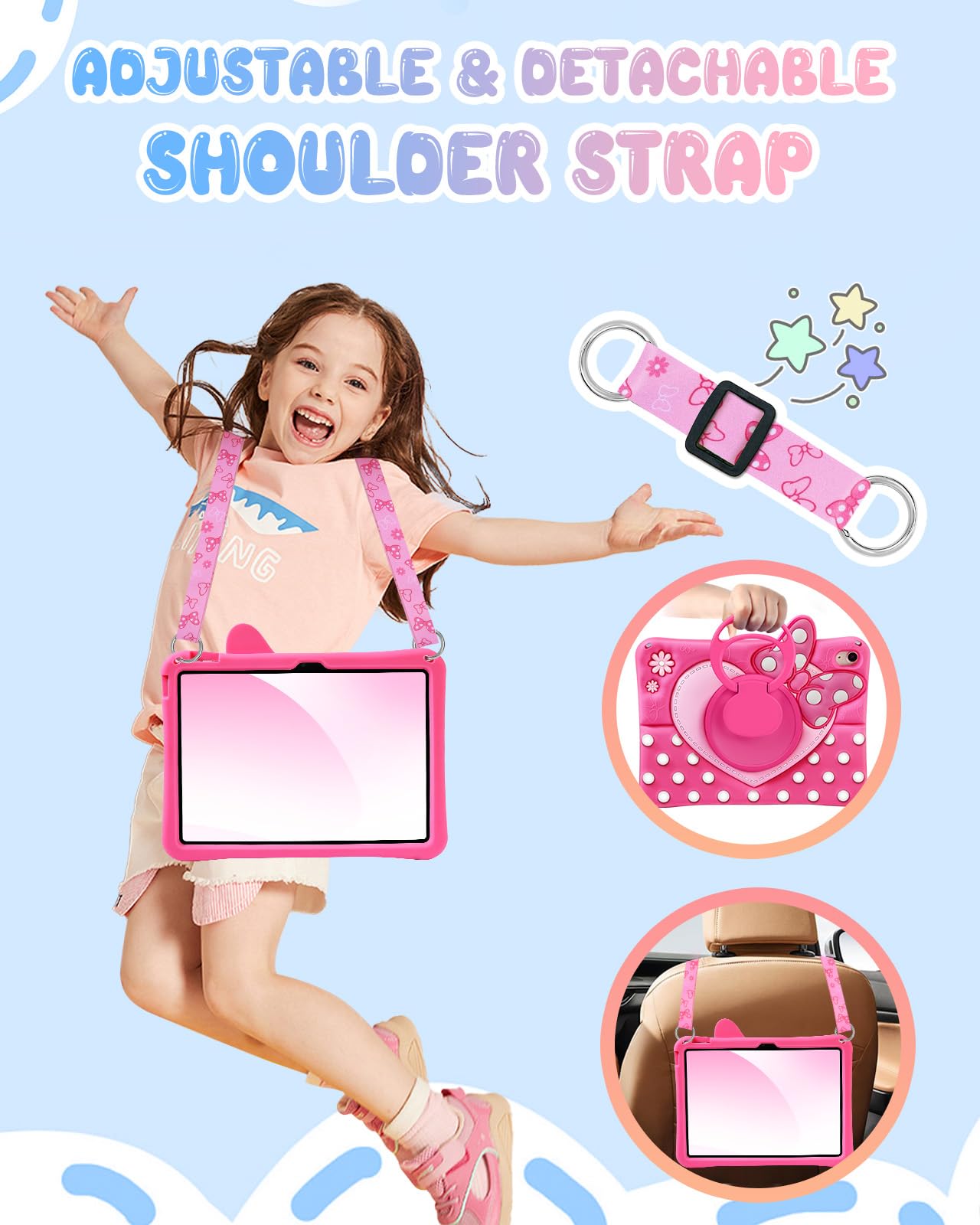 Custodia per bambini per iPad A16 di 11a generazione 2025/10a generazione 2022 da 11 pollici, custodia morbida in silicone con fiocco 3D a pois con cinturino e supporto girevole, per ragazze e