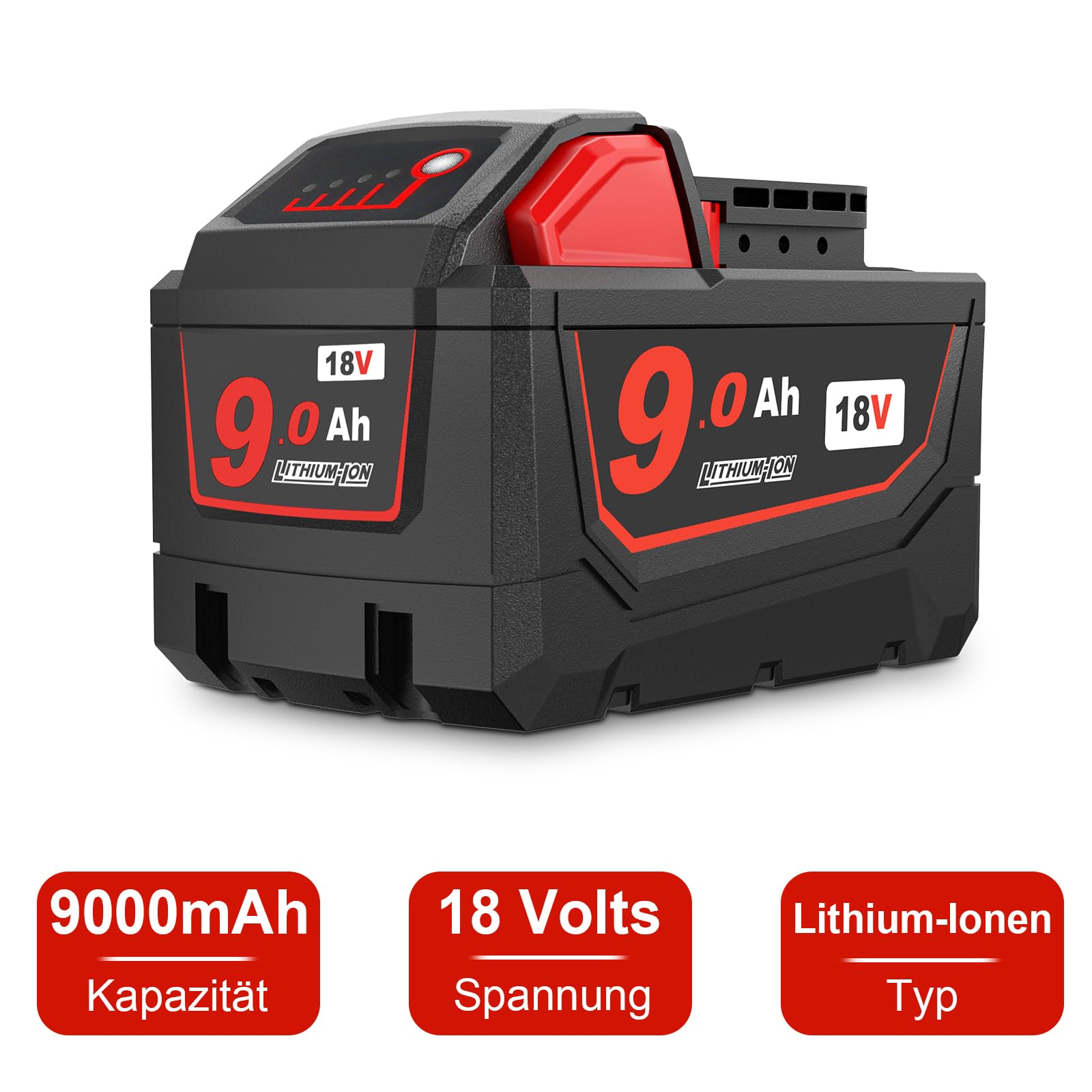 QUPERR 2 Stück 9,0Ah Ersatzakku für Milwaukee M18 Werkzeuge | Mit LED-Ladeanzeige, hoher Kapazität und Mehrfachschutz gegen Überladung, Überhitzung und Kurzschluss