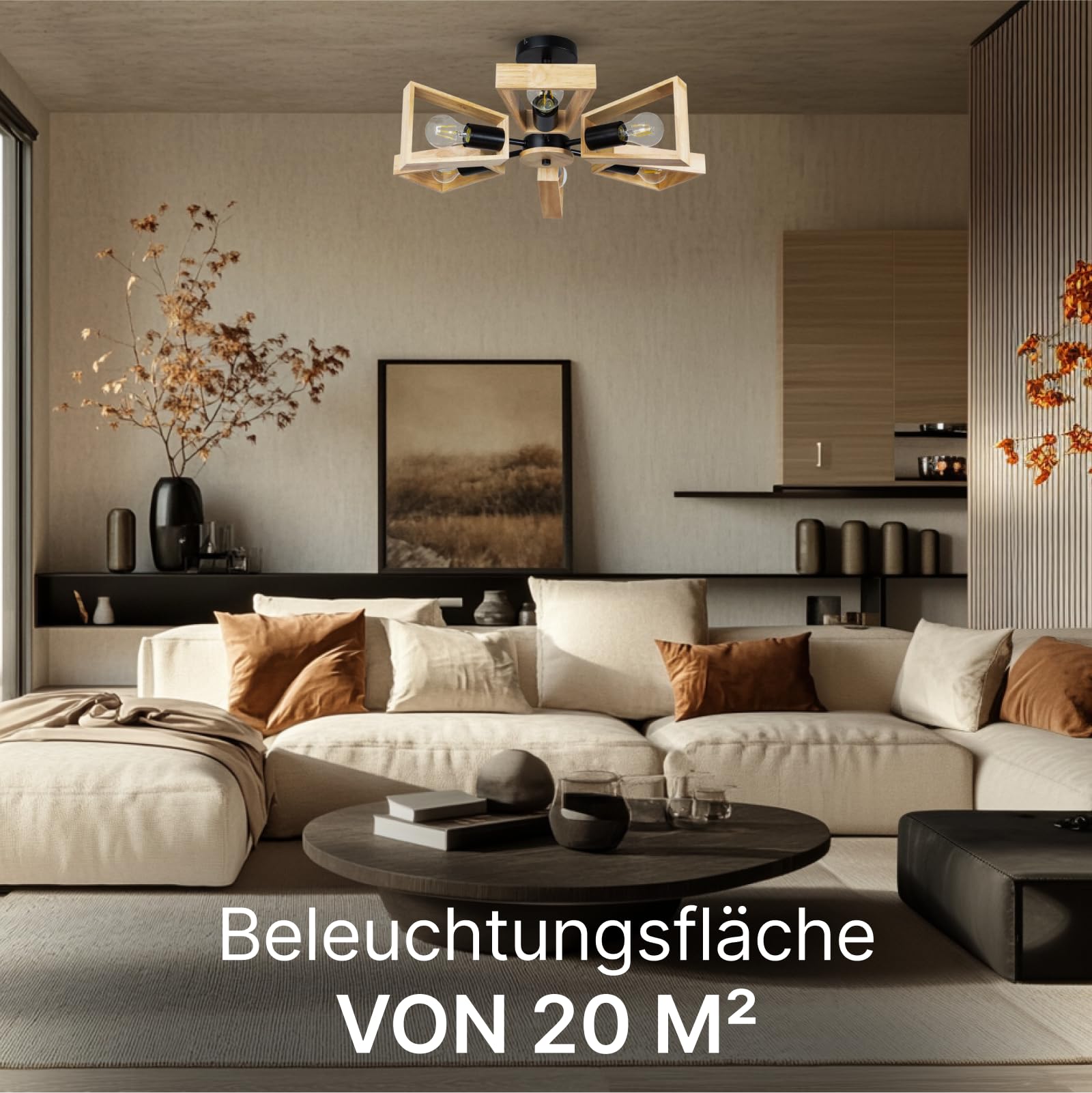 Żyrandol w salonie – LED sufitowa lampa z 6 białymi metalowymi gniazdami i drewnianą żaluzją – wisząca lampa na pręt – do domu i biura