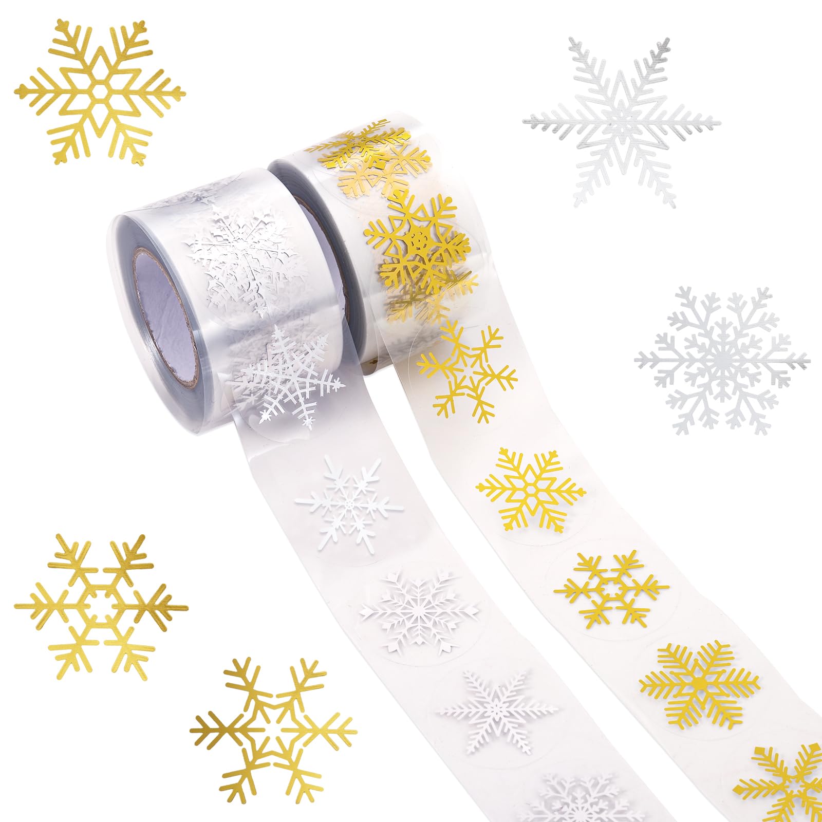 1000pcs Clear Christmas Stickers Roll, Gold and Silver Foil Snowflake Stickers Round Self-Adhesive Sealing Labels for Xmas Holiday Envelopes Gift Decor