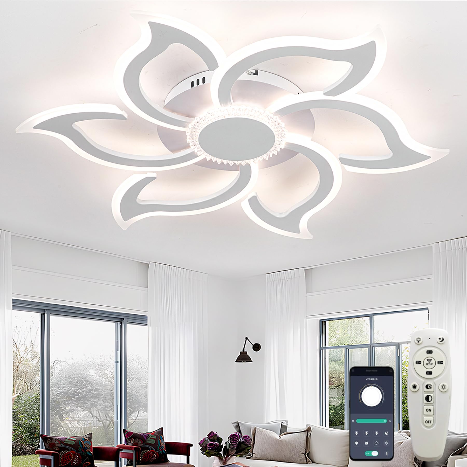 Dobecd Flower Ceiling Light Modern Design Smart Chandelier Dimmable Memory Function with Remote Control Ceiling Lamp Bright Living Room Ceiling Lighting with App Led Acrylic Lampshade for Halls