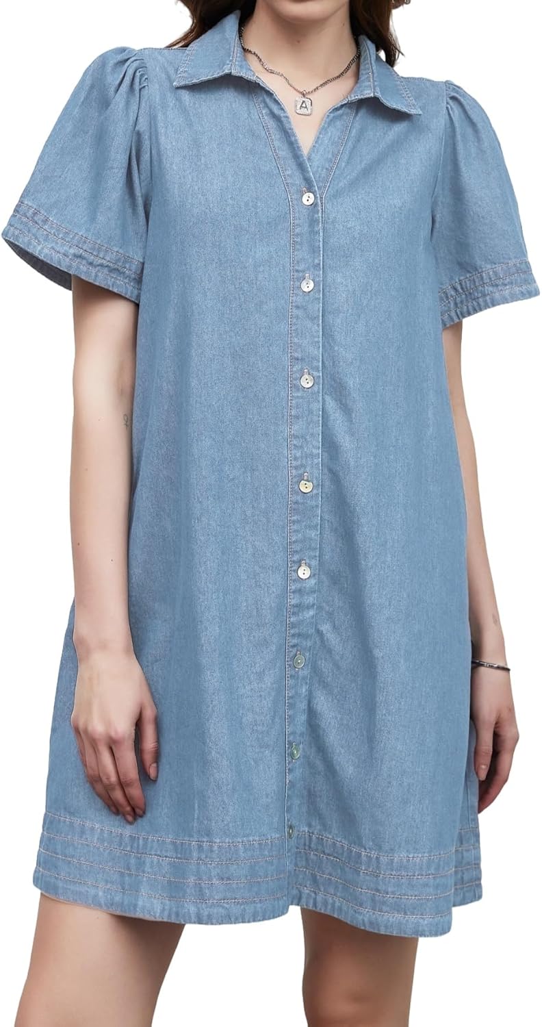 Women Denim Shirt Dress Summer Casual Short Sleeve Button Down V Neck Loose Jean Mini Dress