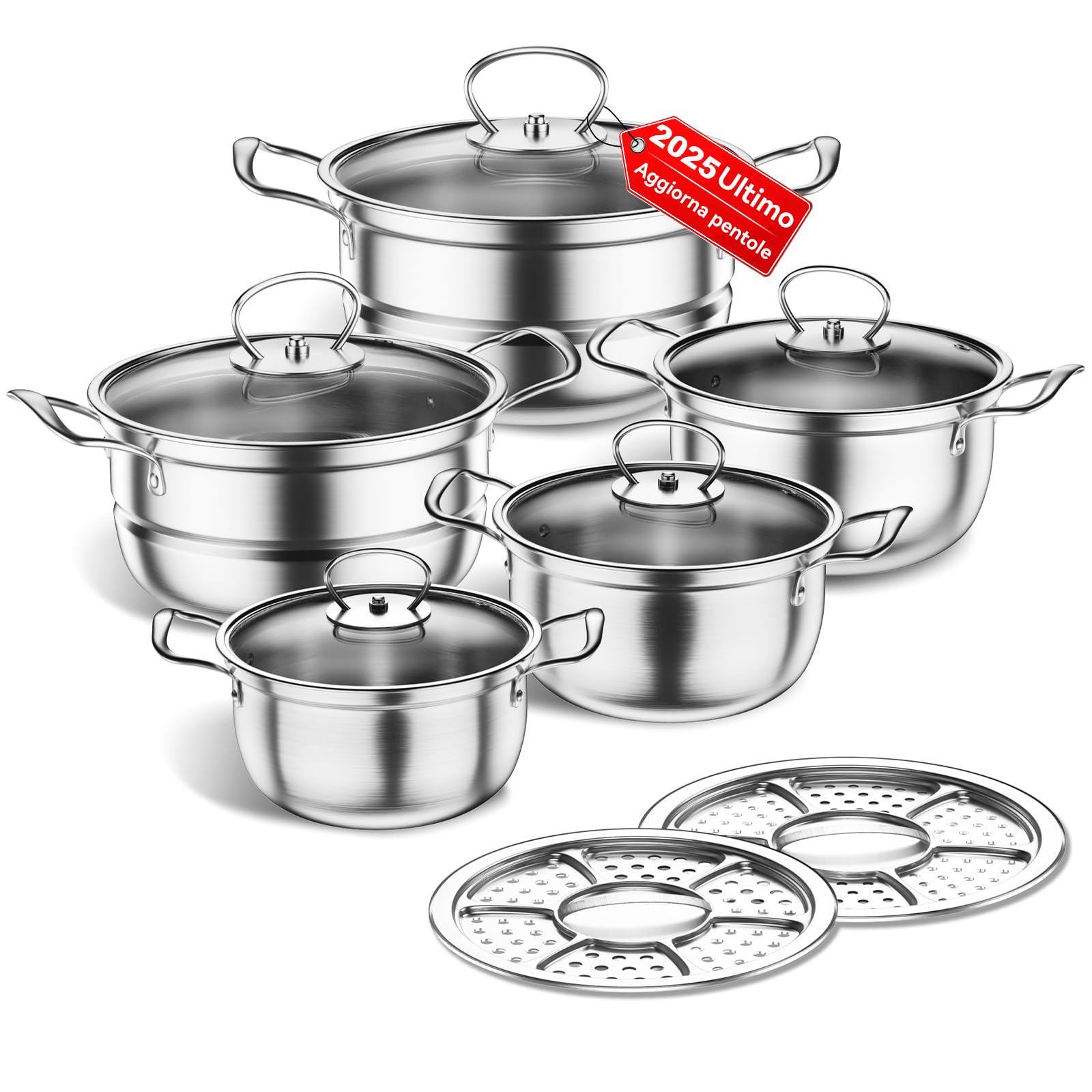 Set di pentole in acciaio inossidabile, set di pentole a induzione da cucina da 12 pezzi, funziona con piani cottura a induzione/gas, set da con coperchio in vetro,non patinato (Argento D)