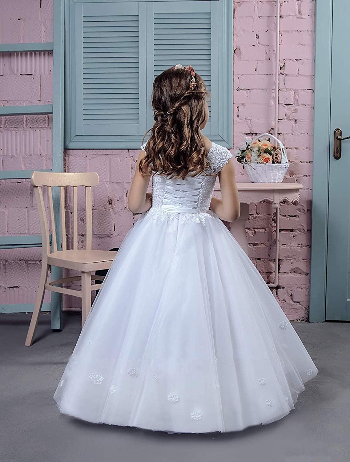 Vestido de Primera Comunión Vestido de Dama de Honor de Encaje con Cuentas Vestido de Fiesta de Desfile de Bodas Princesa comunión hasta el Suelo Vestido de Baile Bohemio