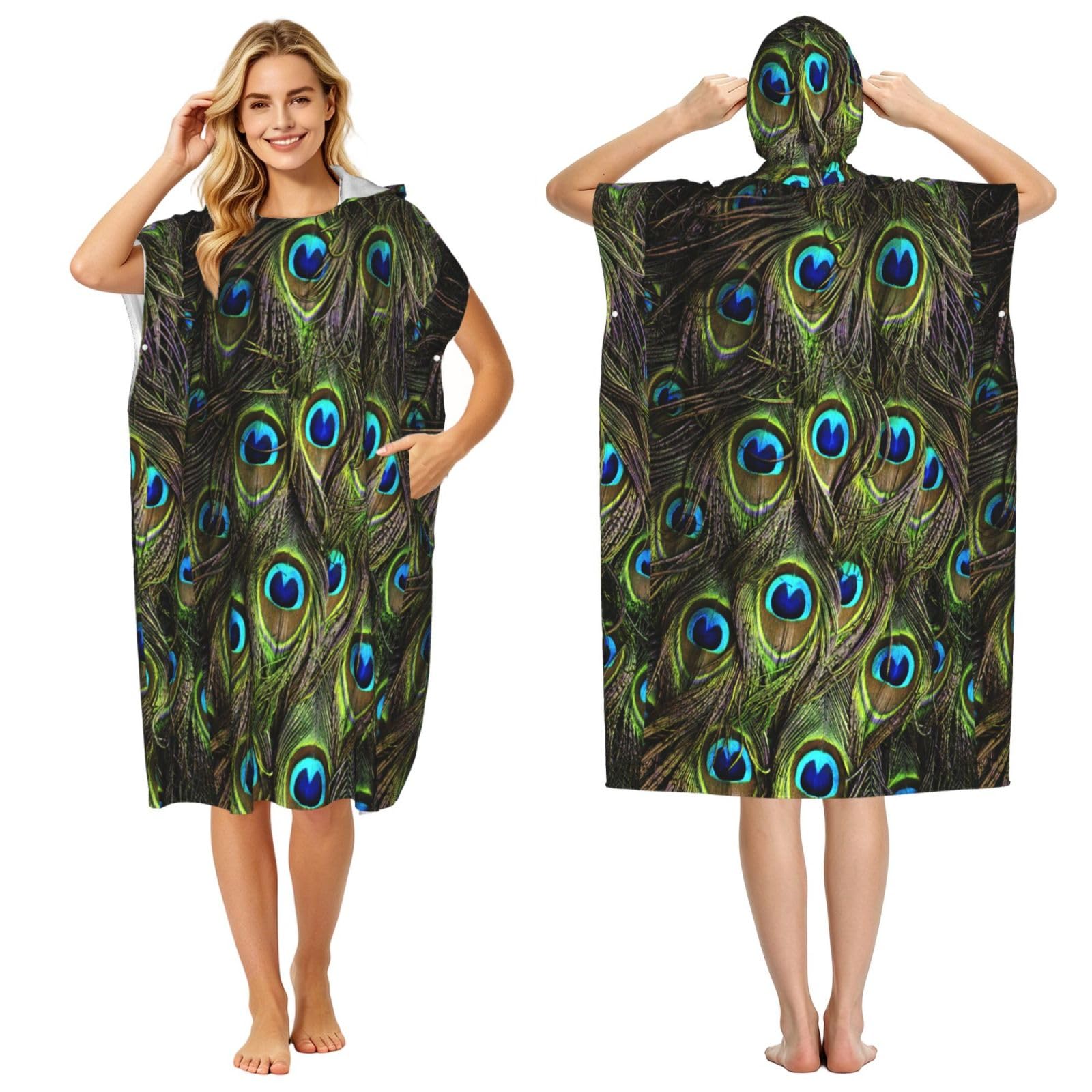 Poadnly Fresh Peacock, Adult Hooded Beach Towel 90 x 110 cm,Changing Bath Robe, Surf Poncho Towel For Women Men