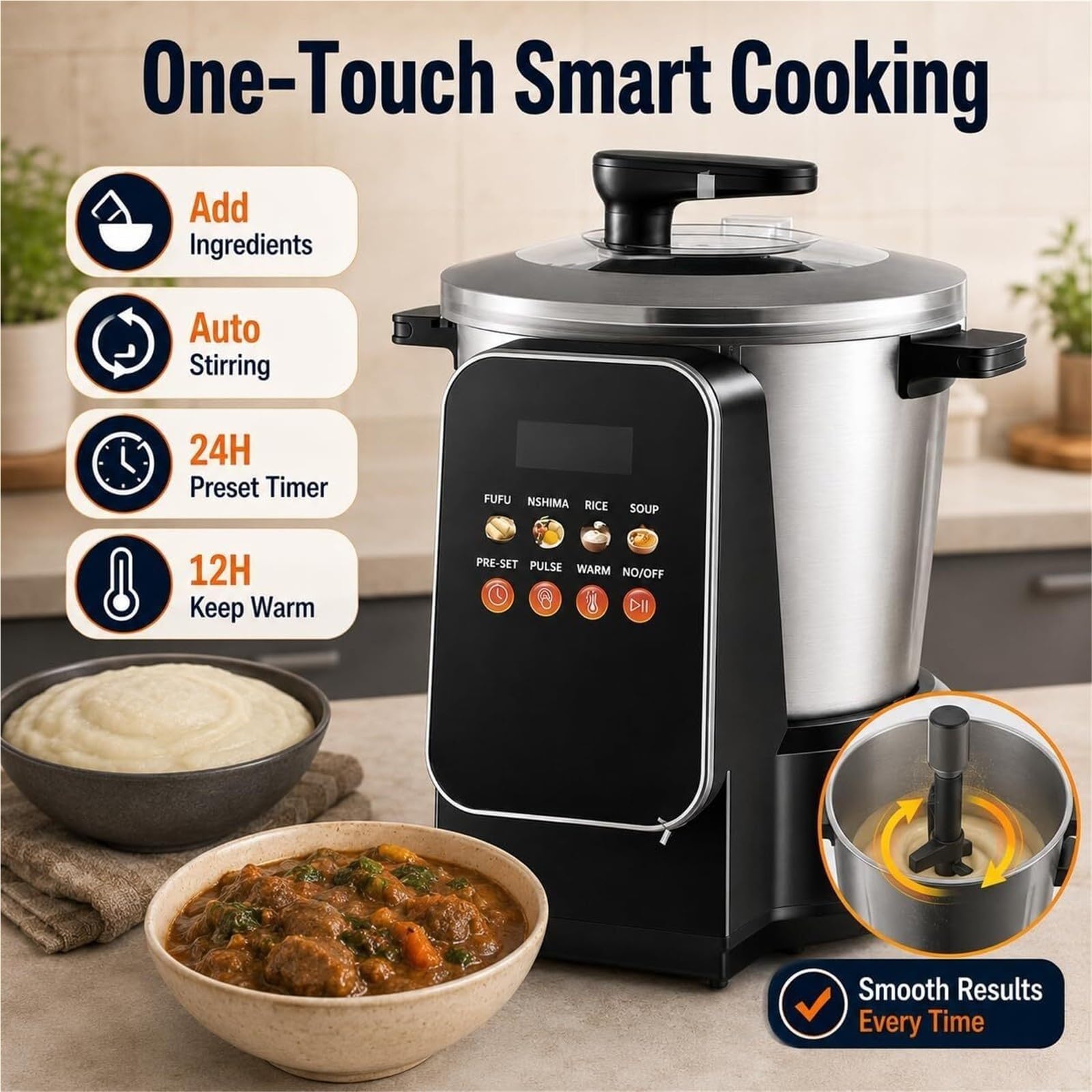 Fabricante de alimentos automático antiadherente eléctrico 6L Yam Pounder | Con pantalla táctil, máquina de fácil limpieza de acero inoxidable for comida africana