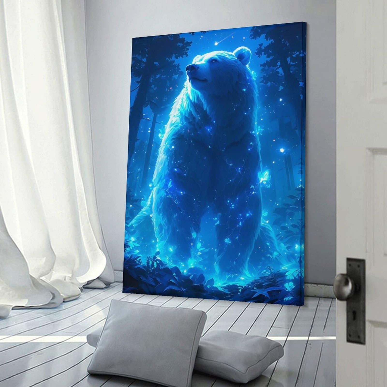 Junmoney Glowing Forest Bear Canvas Wall Decor, 08x12inch(20x30cm), for Home Office, Desk Area Or Studio, Wall Art That Adds Style to Work Areas