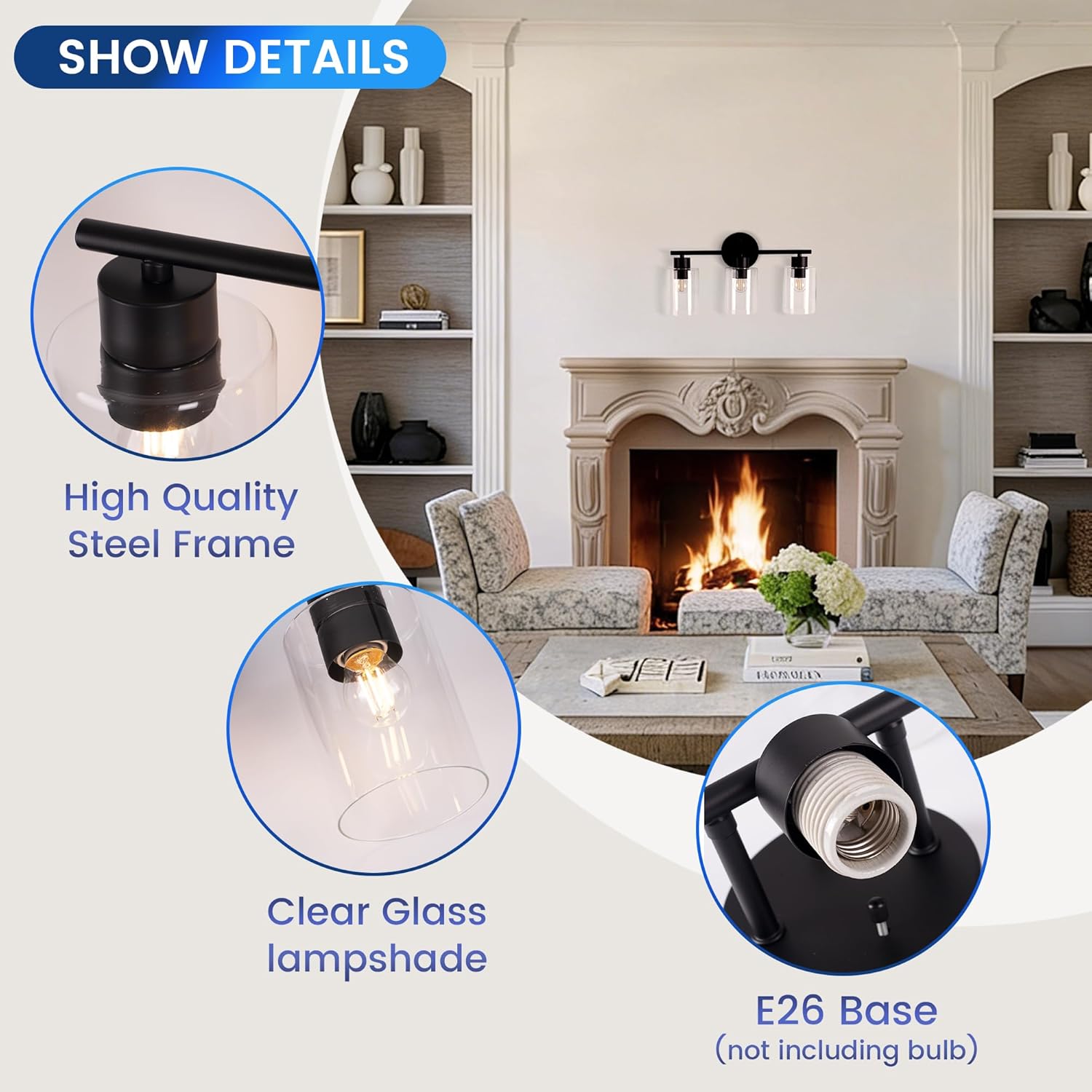 3-Light Bathroom Light Fixtures, Black Vanity Lights Over Mirror, Modern Bathroom Vanity Light with Clear Glass Shade and E26 Base, Matte Black Vanity Lights for Bathroom Kitchen Hallway