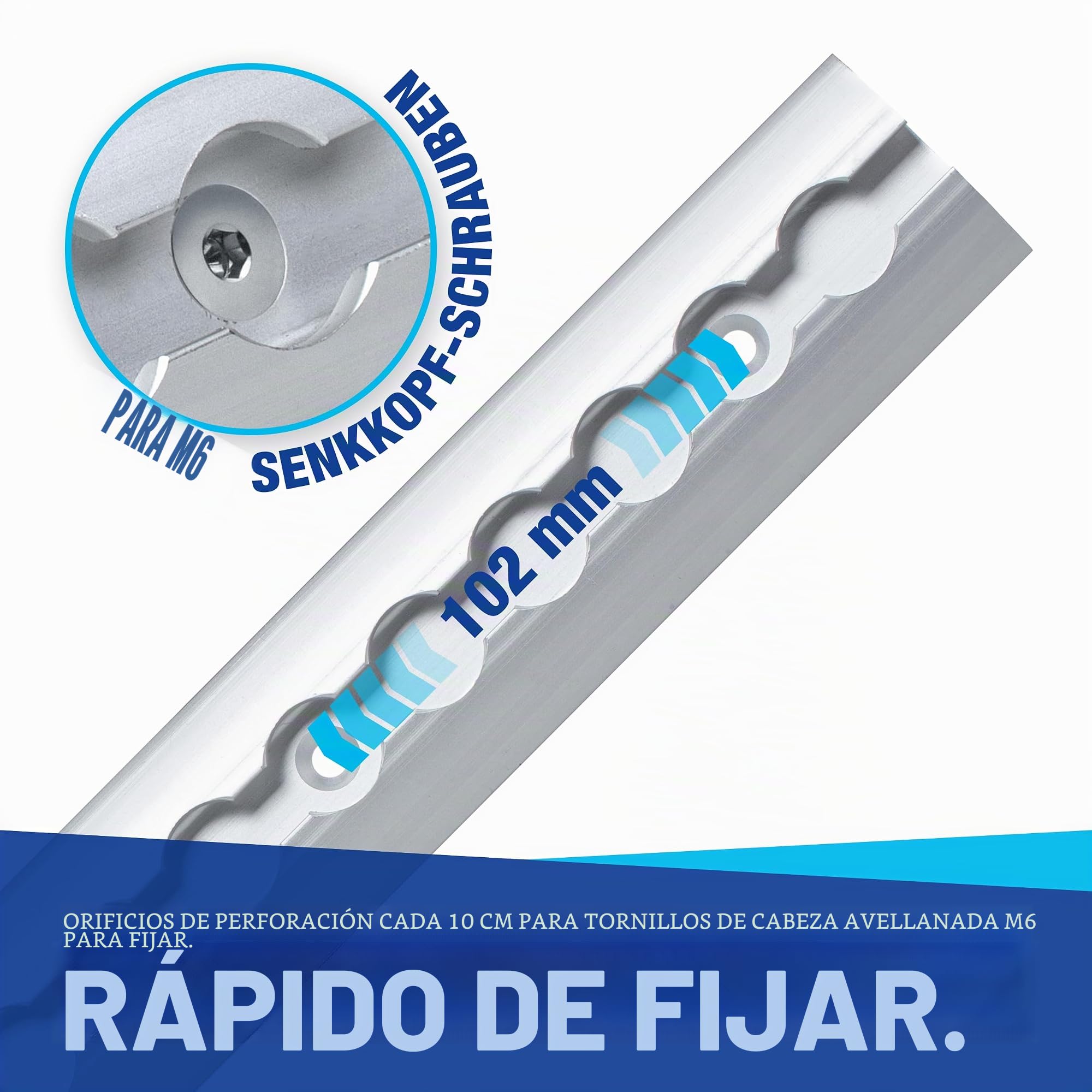 Riel de amarre Airline de aluminio 4 x 2 m, forma redonda, semirredonda, con perforaciones 2 m, set de iniciación 1975 mm, con 20 accesorios de aluminio