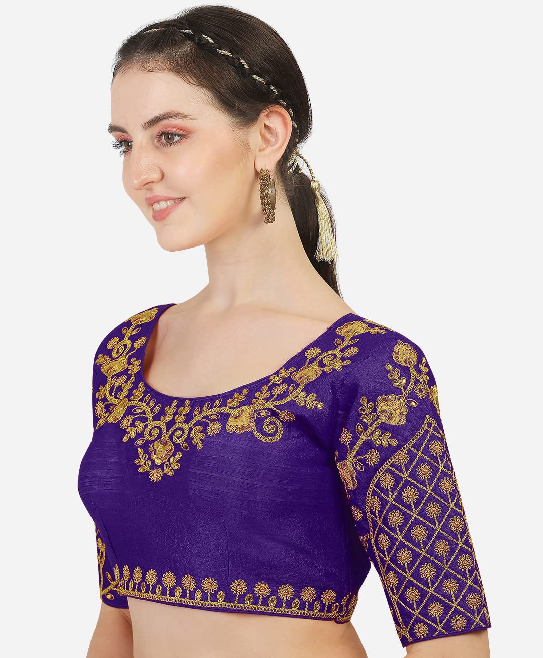 Pujia Mils Women's Silk Embroidered Half Sleeve Blouse (Floral_Purple_36)