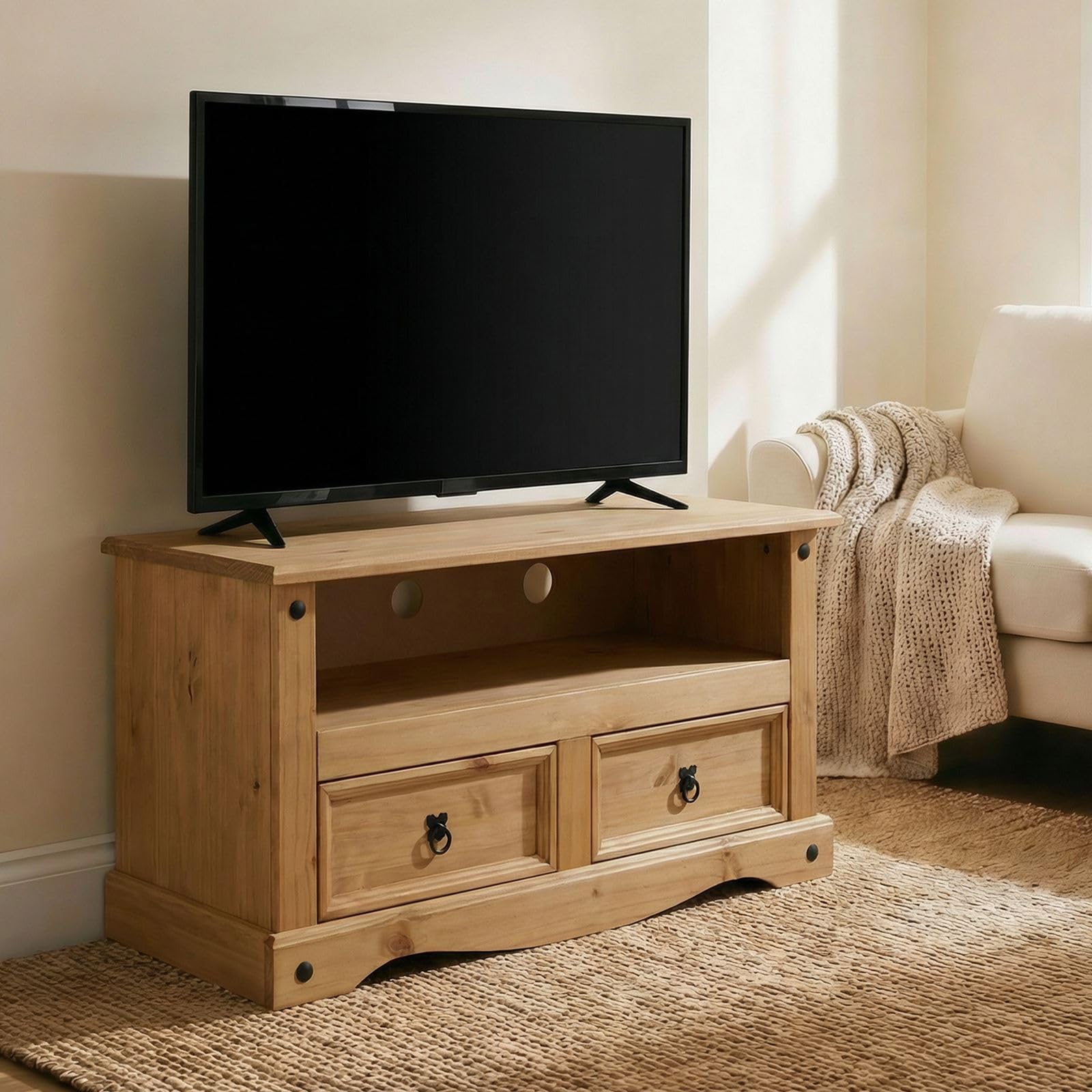 TV Lowboard Salsa 110 cm Fernsehtisch Mexiko Möbel Kiefer massiv gebeizt und gewachst, 2 Schubladen, 1 offenes Fach