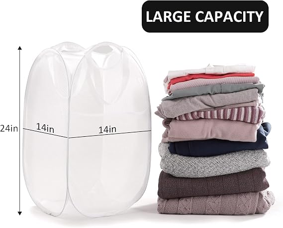 TECHMILLY Collapsible Mesh Pop Up Laundry Hamper with Sturdy Handles and Side Pocket - Portable Foldable Clothes Baskets for Dorm, Bathroom & Travel Storage (White, 3 Packs)