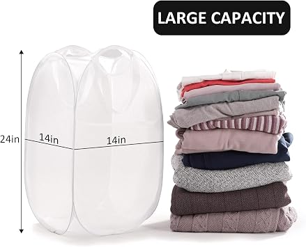 TECHMILLY Collapsible Mesh Pop Up Laundry Hamper with Sturdy Handles and Side Pocket - Portable Foldable Clothes Baskets for Dorm, Bathroom & Travel Storage (White, 3 Packs)