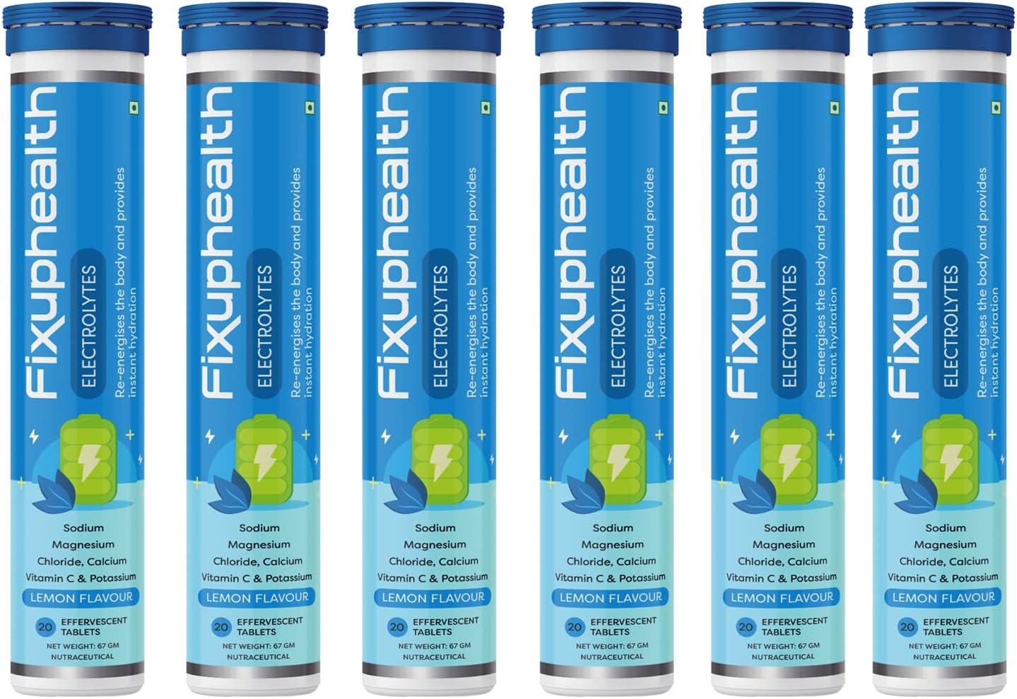 Fixuphealth Electrolytes Tablets Containing Sodium Magnesium, Calcium Chloride and Vitamin C Effervescent Tablets Lemon Flavour Pack of 6 20 tablets each pack Useful for Great source of minerals