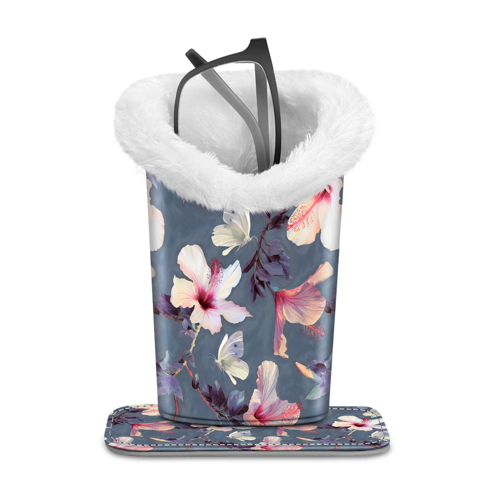 Fintie Plush Lined Eyeglasses Holder with Magnetic Base, Premium Vegan Leather Glasses Stand Case, *Flowering hibiscus, M