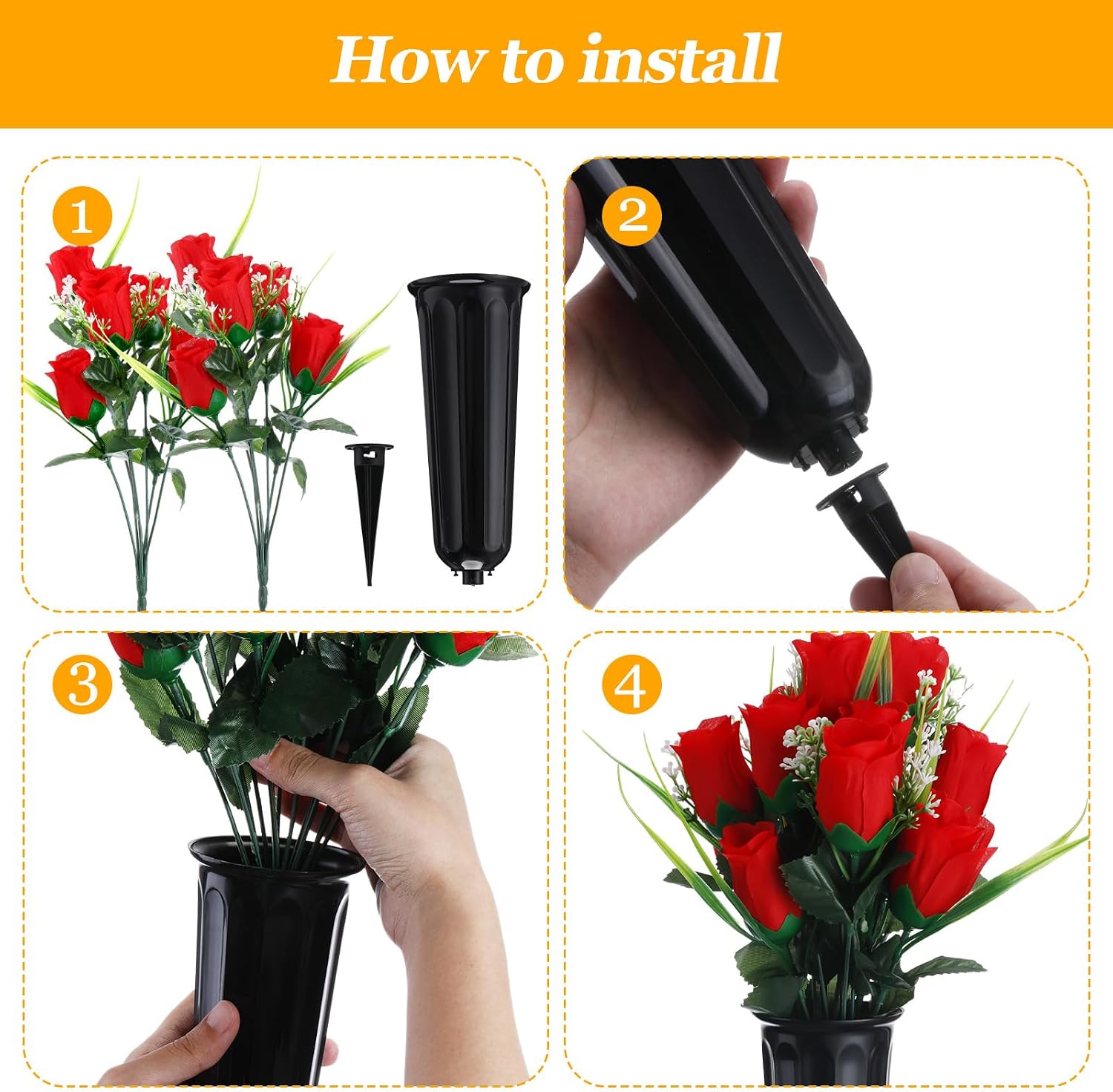 Tigeen 6 Sets Memorial Day Cemetery Flowers with Grave Vase 12 Bunches Artificial Rose Memorial Bouquet 84 Heads Fake Spring Silk Cemetery Flower for Graveside Decor(Red)