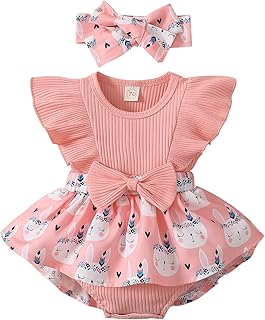 Newborn Baby Girl Romper Dress Flower Print Lace Ruffled Jumpsuit with Headband Cute Summer Clothes - Buy now