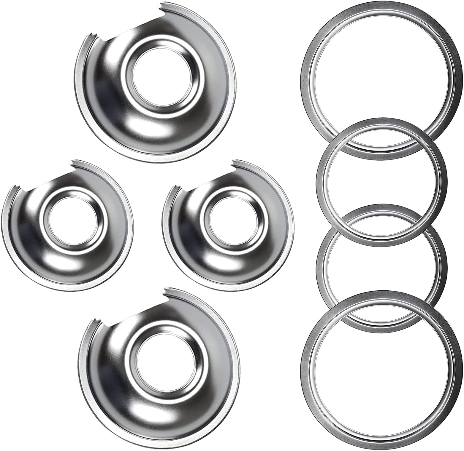 Burner Drip Bowl 2 Large 8'' WB32X10013 & 2 Small 6'' WB32X10012 Chrome Drip Pan Set 4-Pack Fits for GE Electric Range by APPLIANCEMATES Replacement Parts (2) 6" Pan/Ring & (2) 8" Pan/Ring
