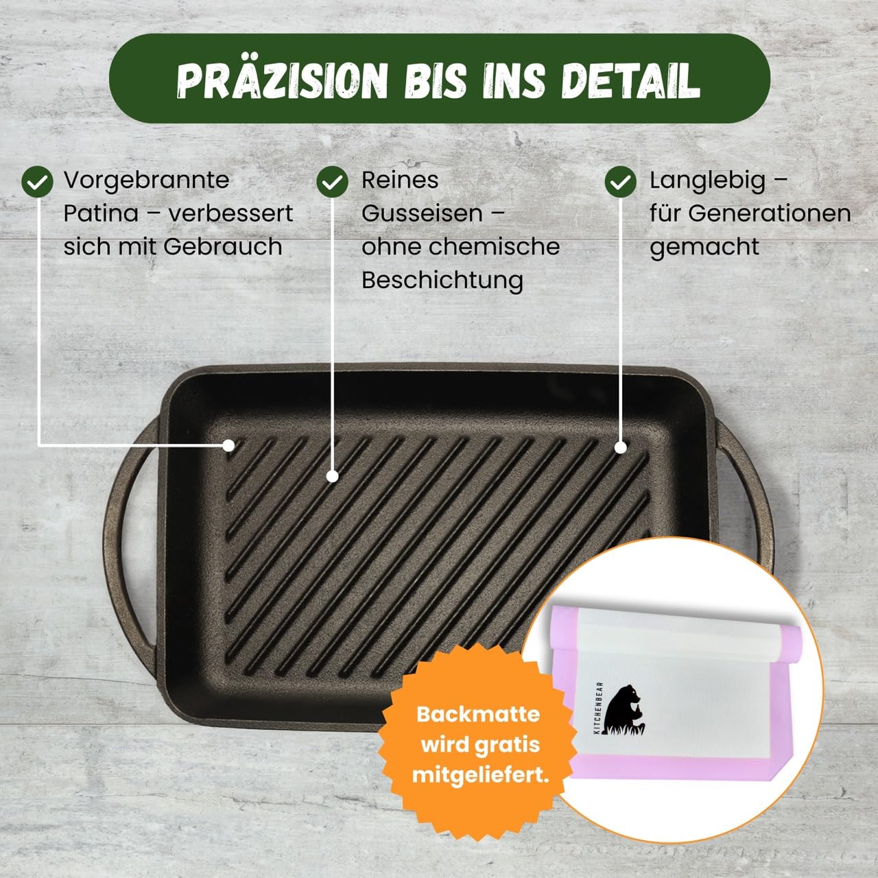 Grillplatte aus Gusseisen inkl. Silikonmatte - geeignet für Induktion, Gas, Ceran, Backofen, Grill und offenes Feuer (Primus)